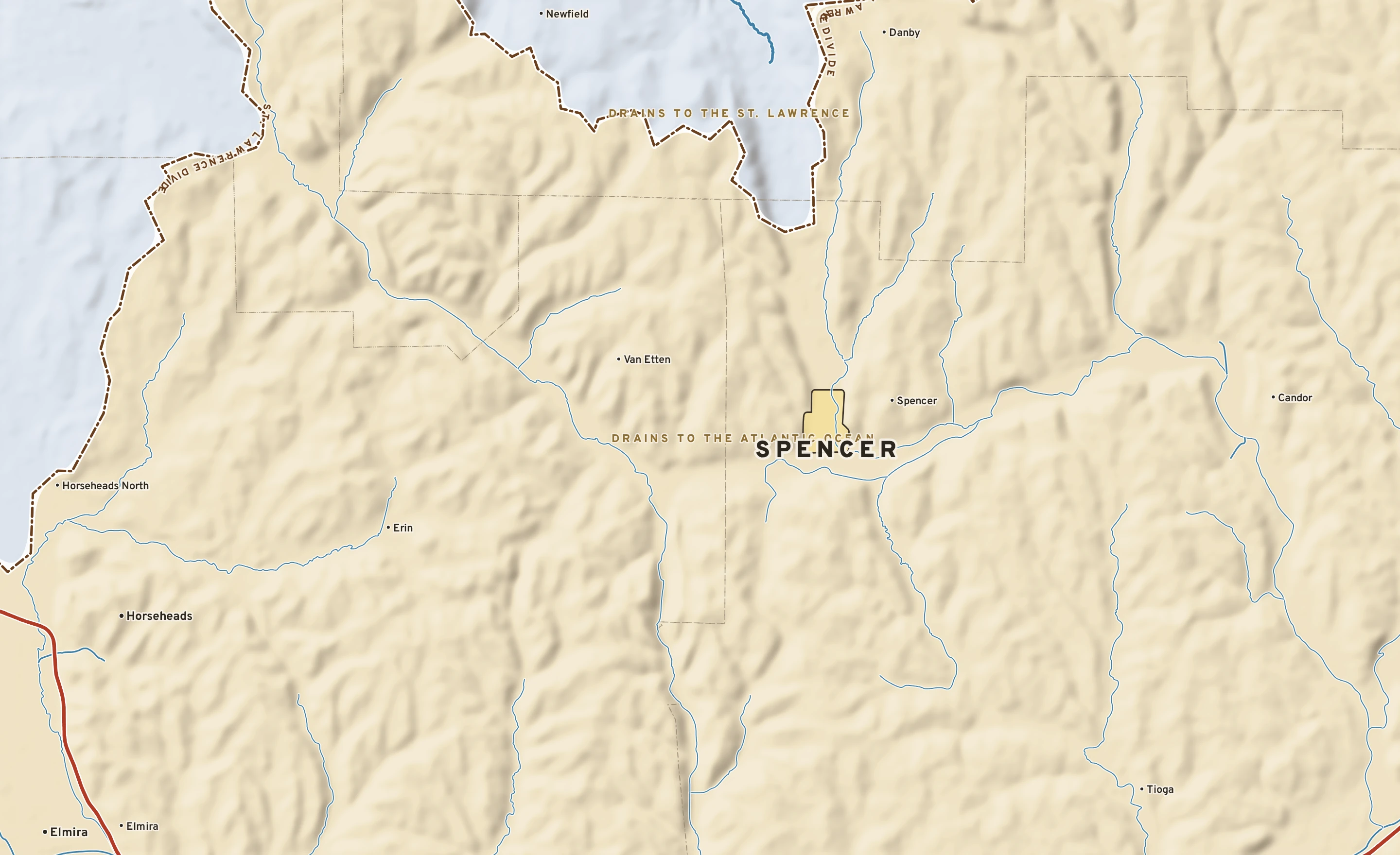 Shaded-relief atlas plate of Spencer, New York: rivers, roads, the city limits and where the water drains.