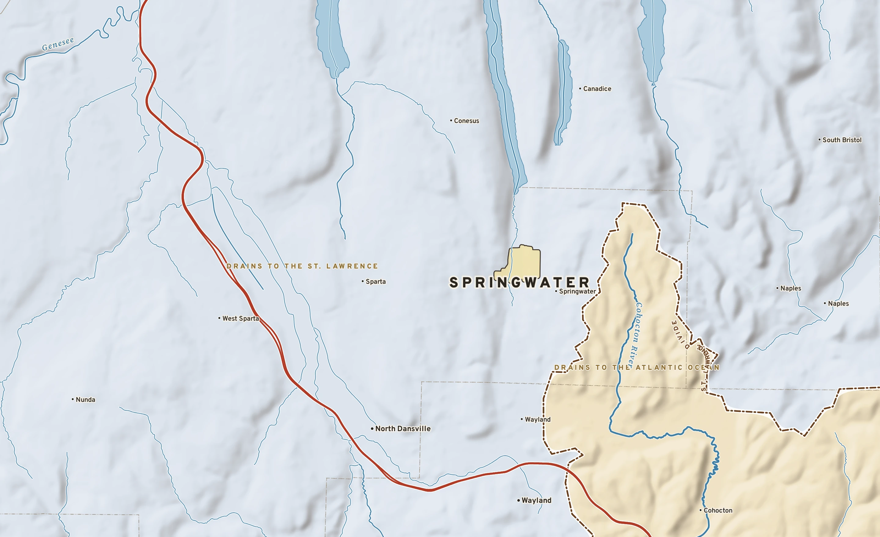 Shaded-relief atlas plate of Springwater, New York: rivers, roads, the city limits and where the water drains.