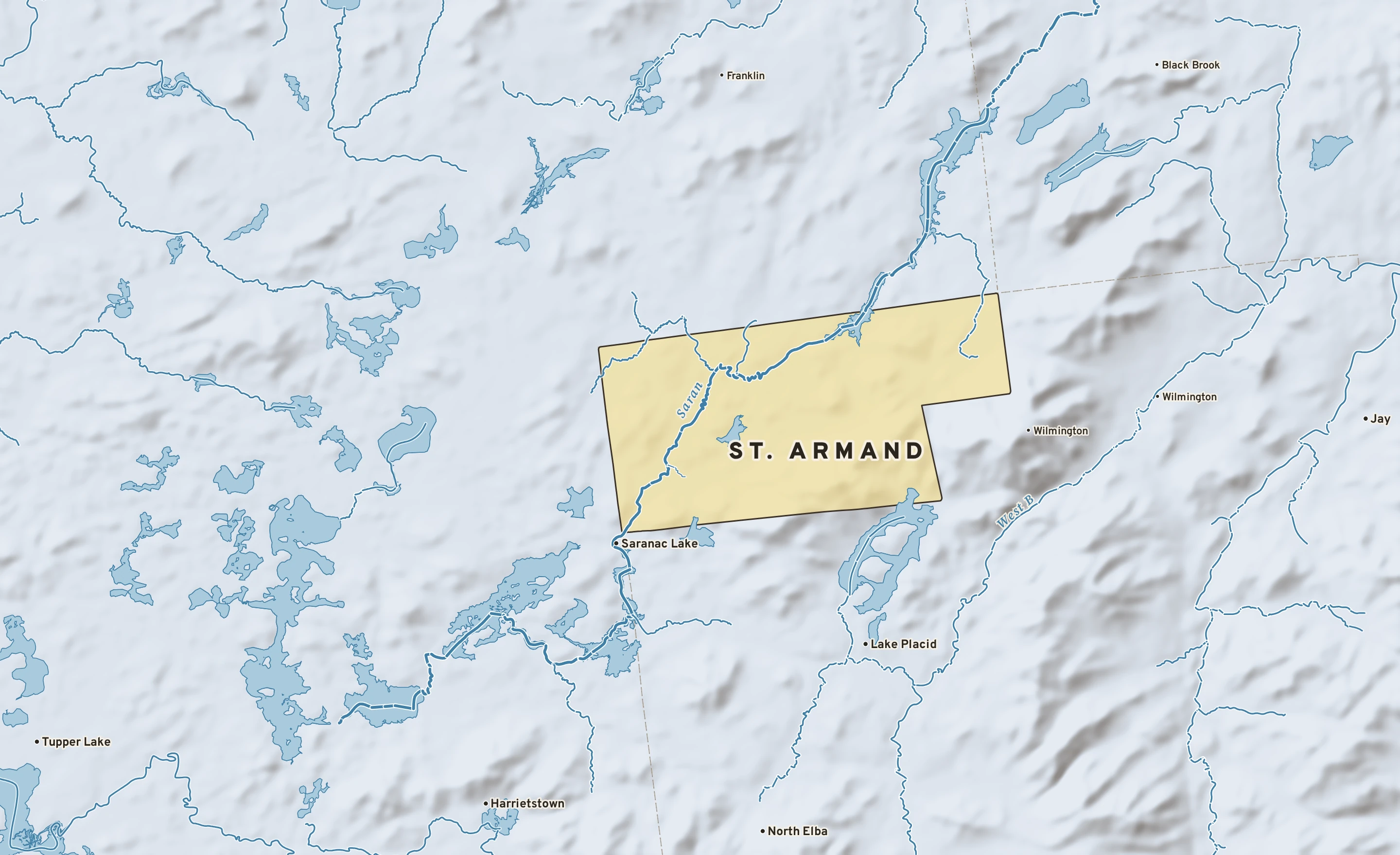 Shaded-relief atlas plate of St. Armand, New York: rivers, roads, the city limits and where the water drains.