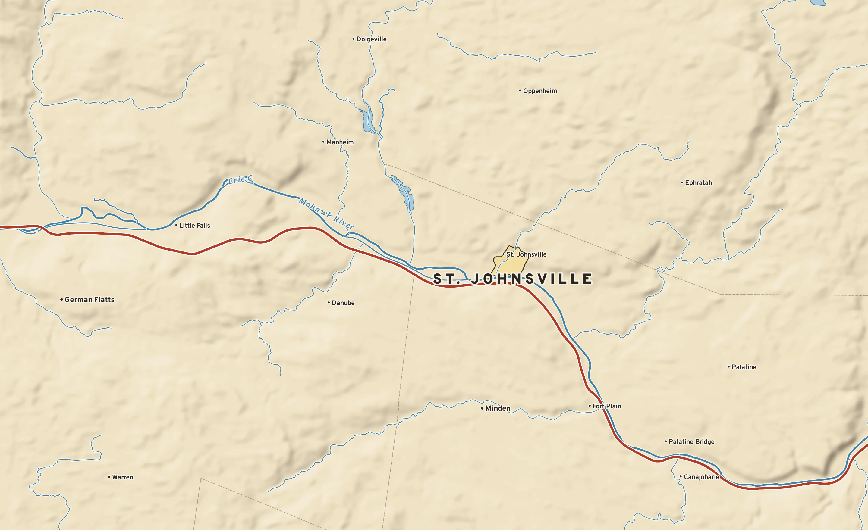 Shaded-relief atlas plate of St. Johnsville, New York: rivers, roads, the city limits and where the water drains.