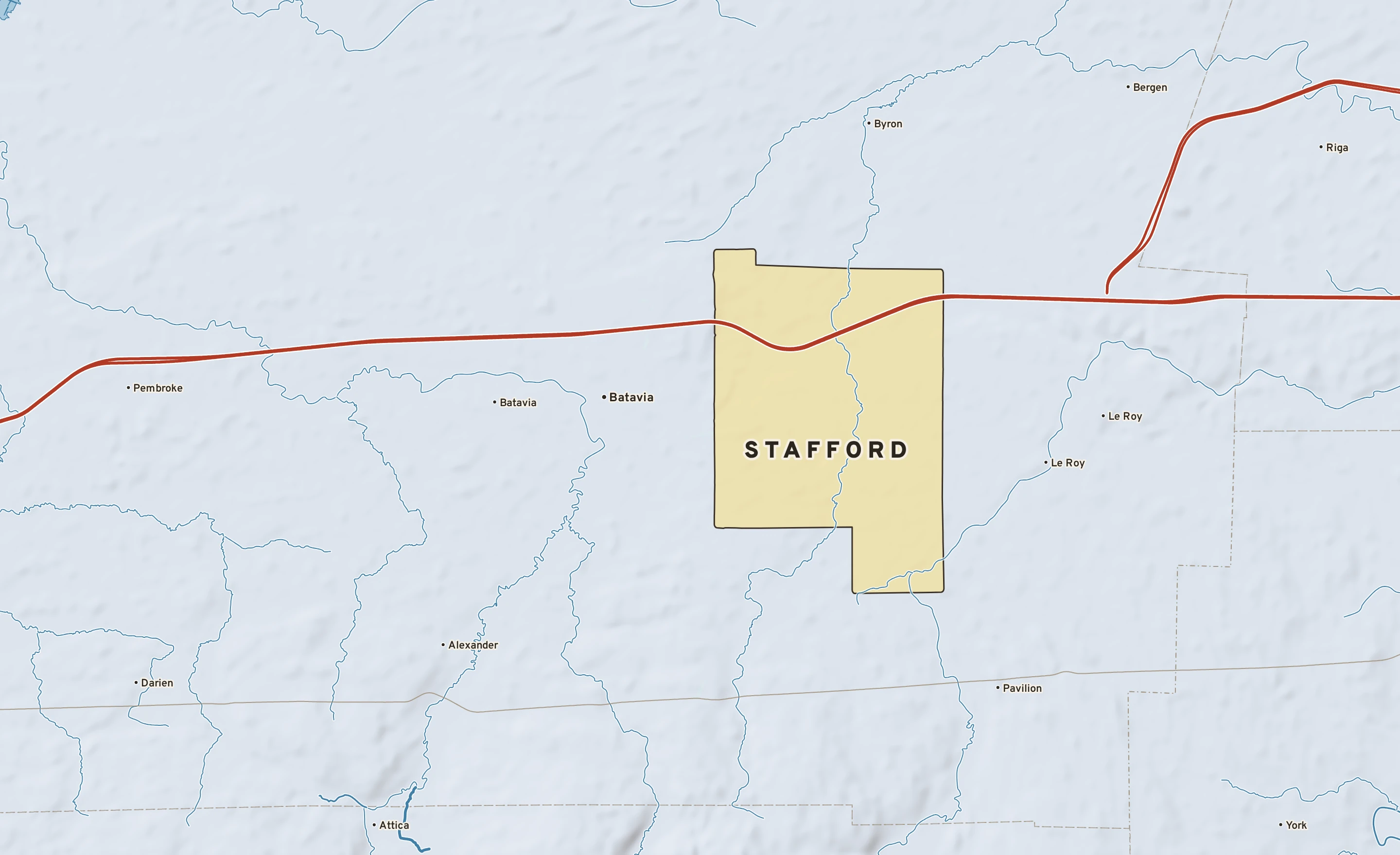 Shaded-relief atlas plate of Stafford, New York: rivers, roads, the city limits and where the water drains.