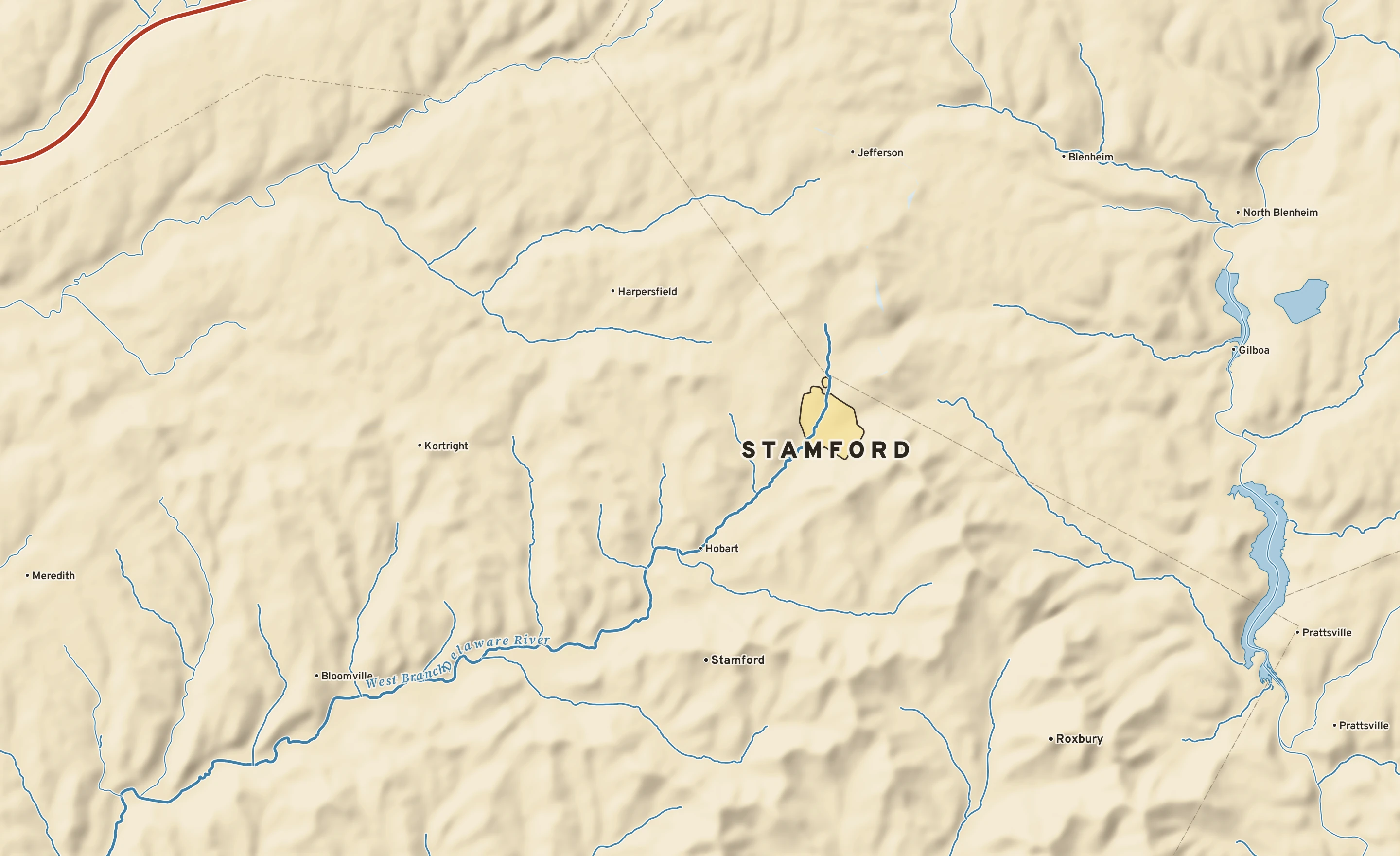 Shaded-relief atlas plate of Stamford, New York: rivers, roads, the city limits and where the water drains.