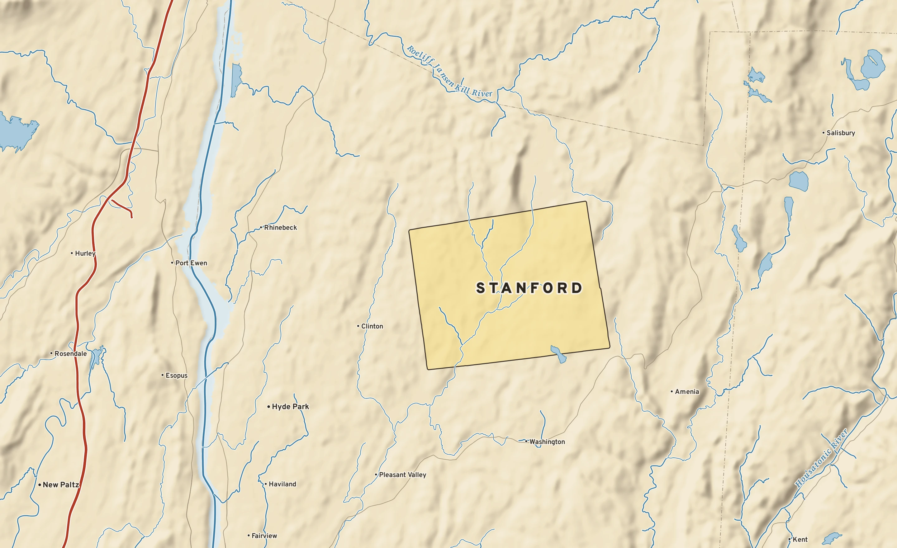Shaded-relief atlas plate of Stanford, New York: rivers, roads, the city limits and where the water drains.