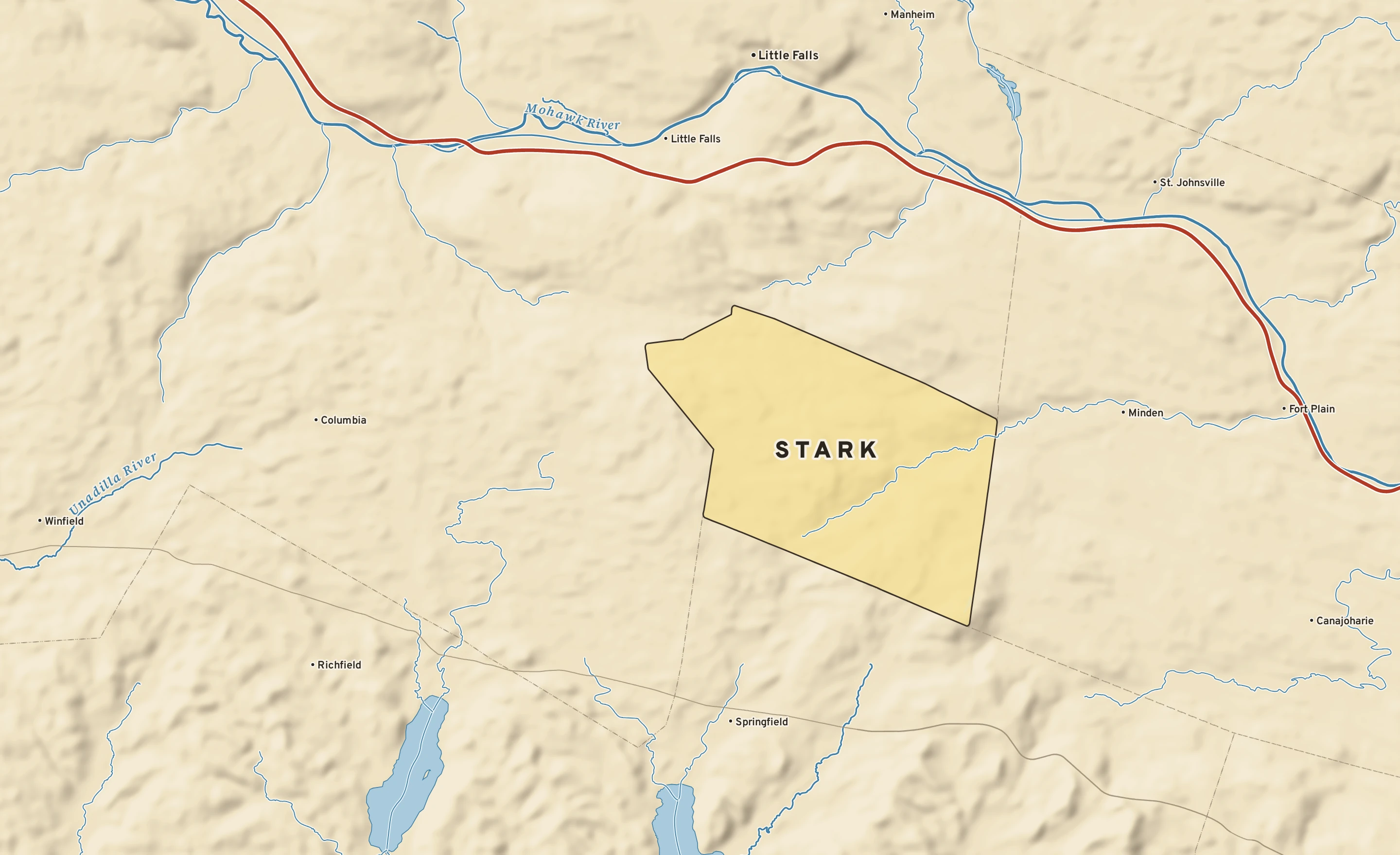 Shaded-relief atlas plate of Stark, New York: rivers, roads, the city limits and where the water drains.