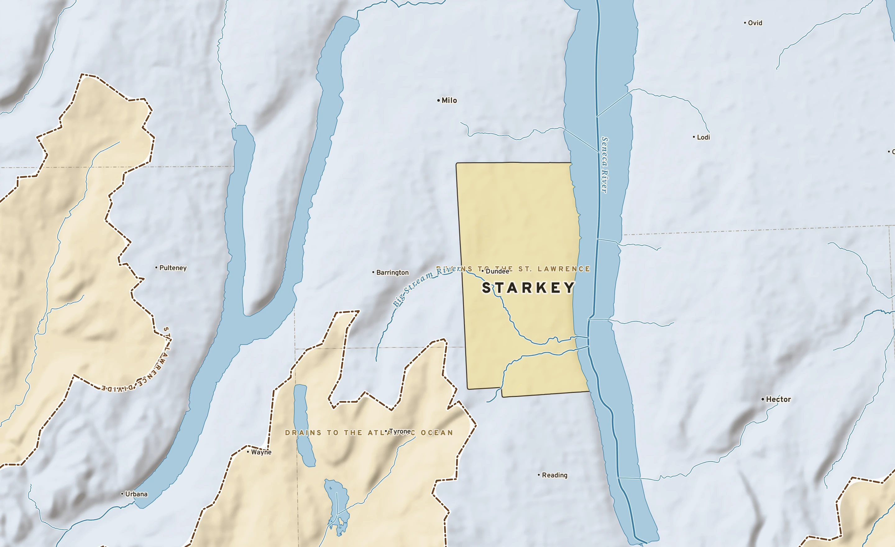 Shaded-relief atlas plate of Starkey, New York: rivers, roads, the city limits and where the water drains.