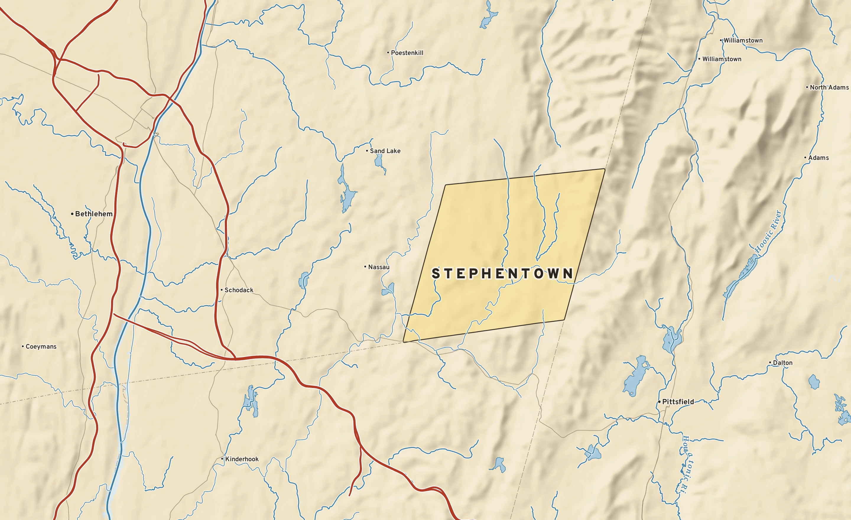 Shaded-relief atlas plate of Stephentown, New York: rivers, roads, the city limits and where the water drains.