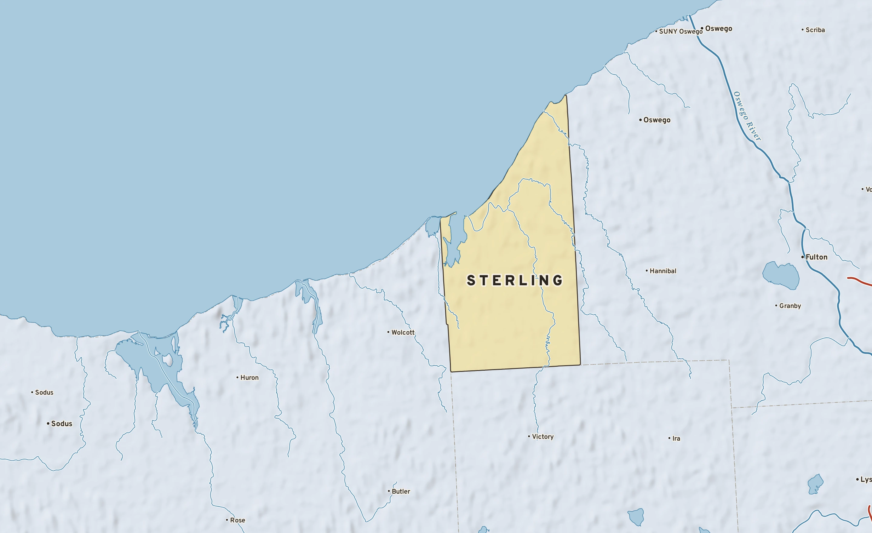 Shaded-relief atlas plate of Sterling, New York: rivers, roads, the city limits and where the water drains.