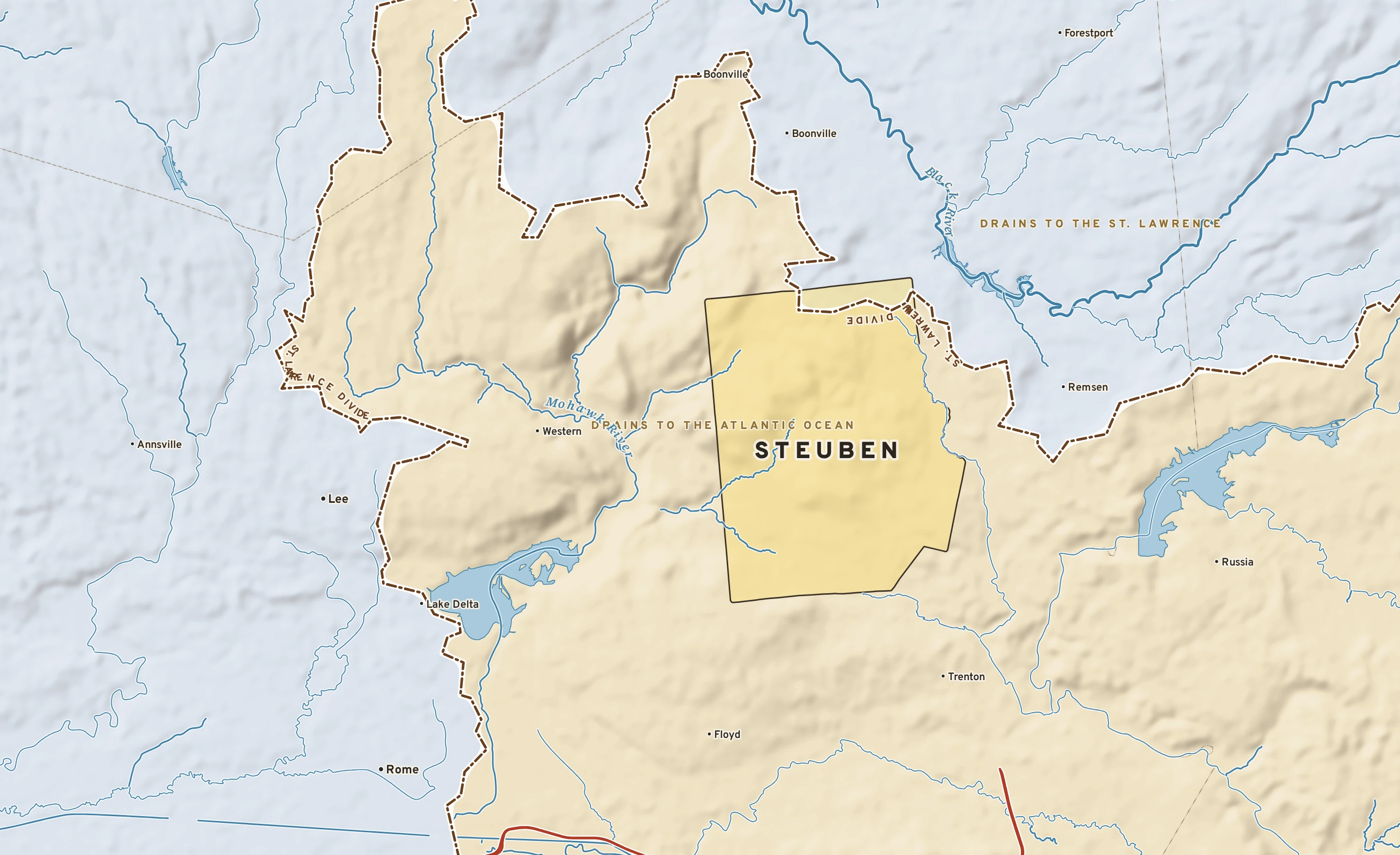 Shaded-relief atlas plate of Steuben, New York: rivers, roads, the city limits and where the water drains.