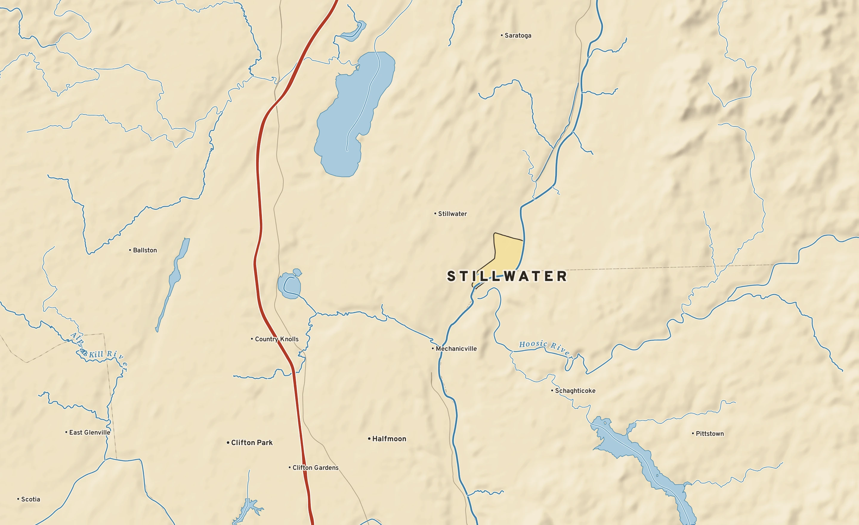 Shaded-relief atlas plate of Stillwater, New York: rivers, roads, the city limits and where the water drains.