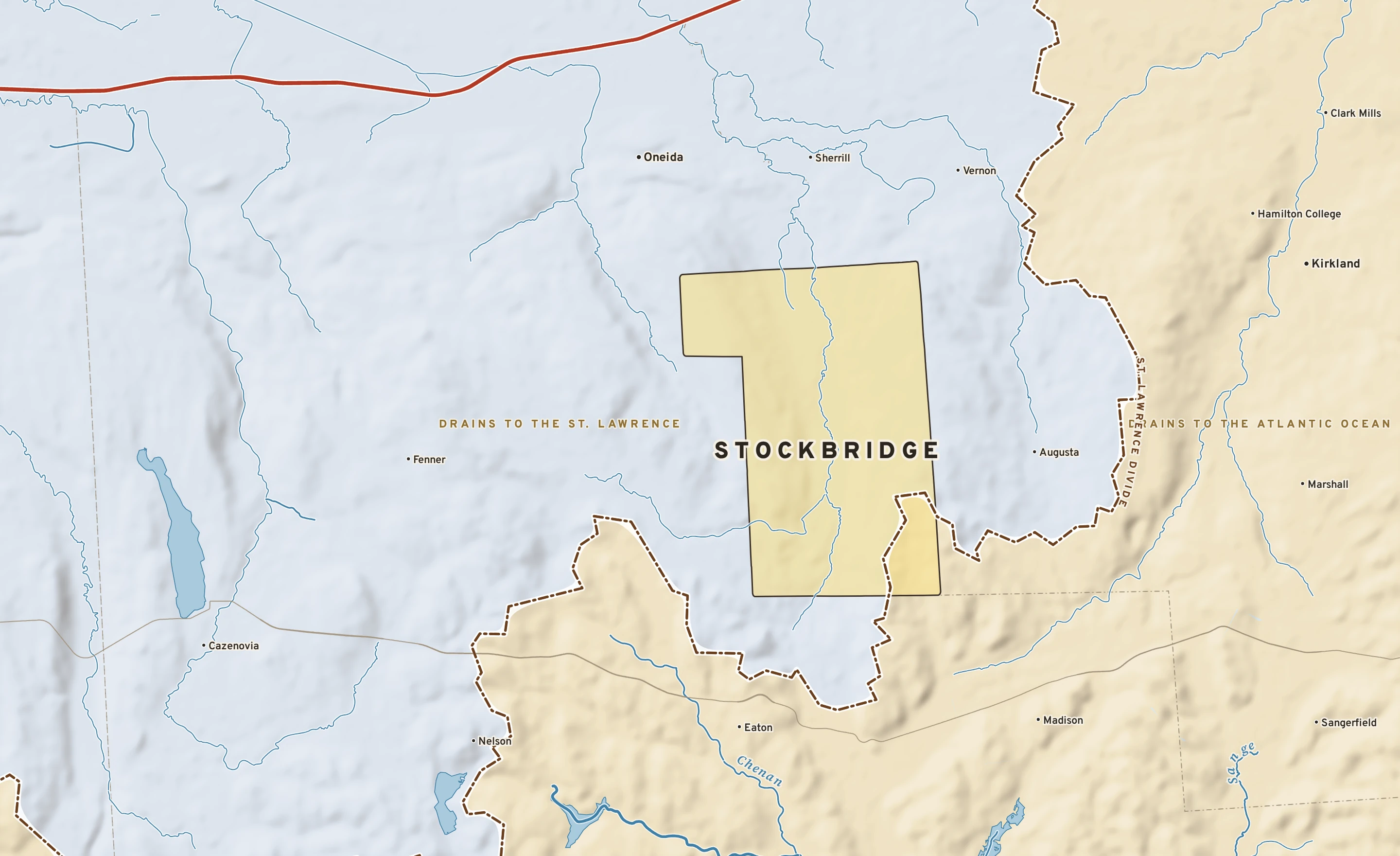 Shaded-relief atlas plate of Stockbridge, New York: rivers, roads, the city limits and where the water drains.