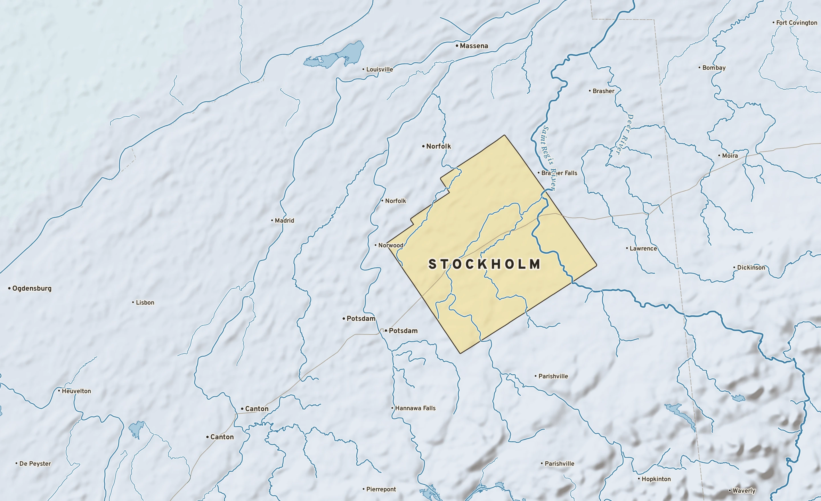 Shaded-relief atlas plate of Stockholm, New York: rivers, roads, the city limits and where the water drains.