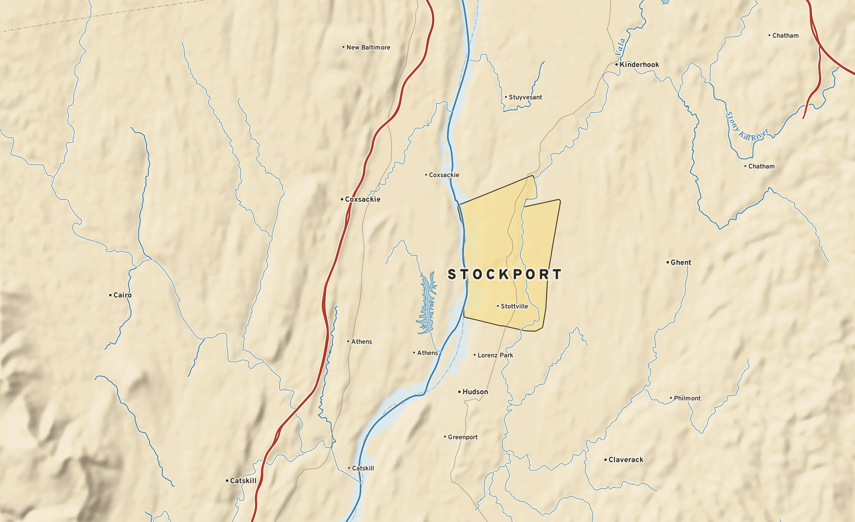 Shaded-relief atlas plate of Stockport, New York: rivers, roads, the city limits and where the water drains.