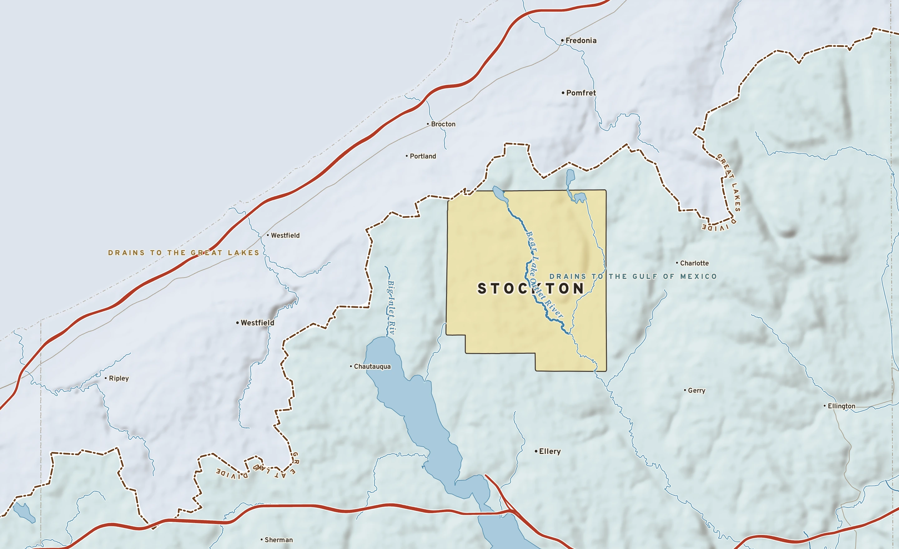 Shaded-relief atlas plate of Stockton, New York: rivers, roads, the city limits and where the water drains.