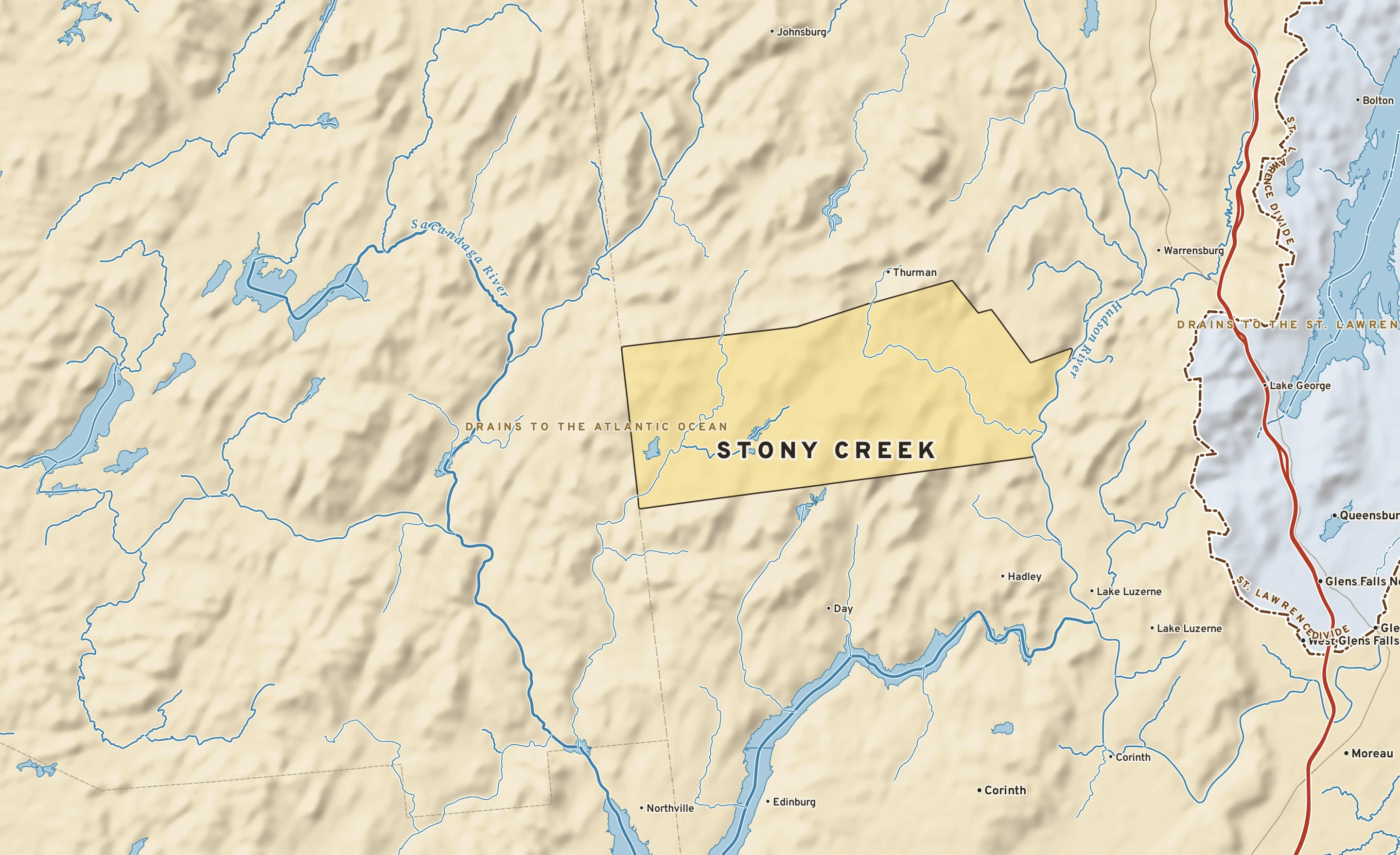 Shaded-relief atlas plate of Stony Creek, New York: rivers, roads, the city limits and where the water drains.