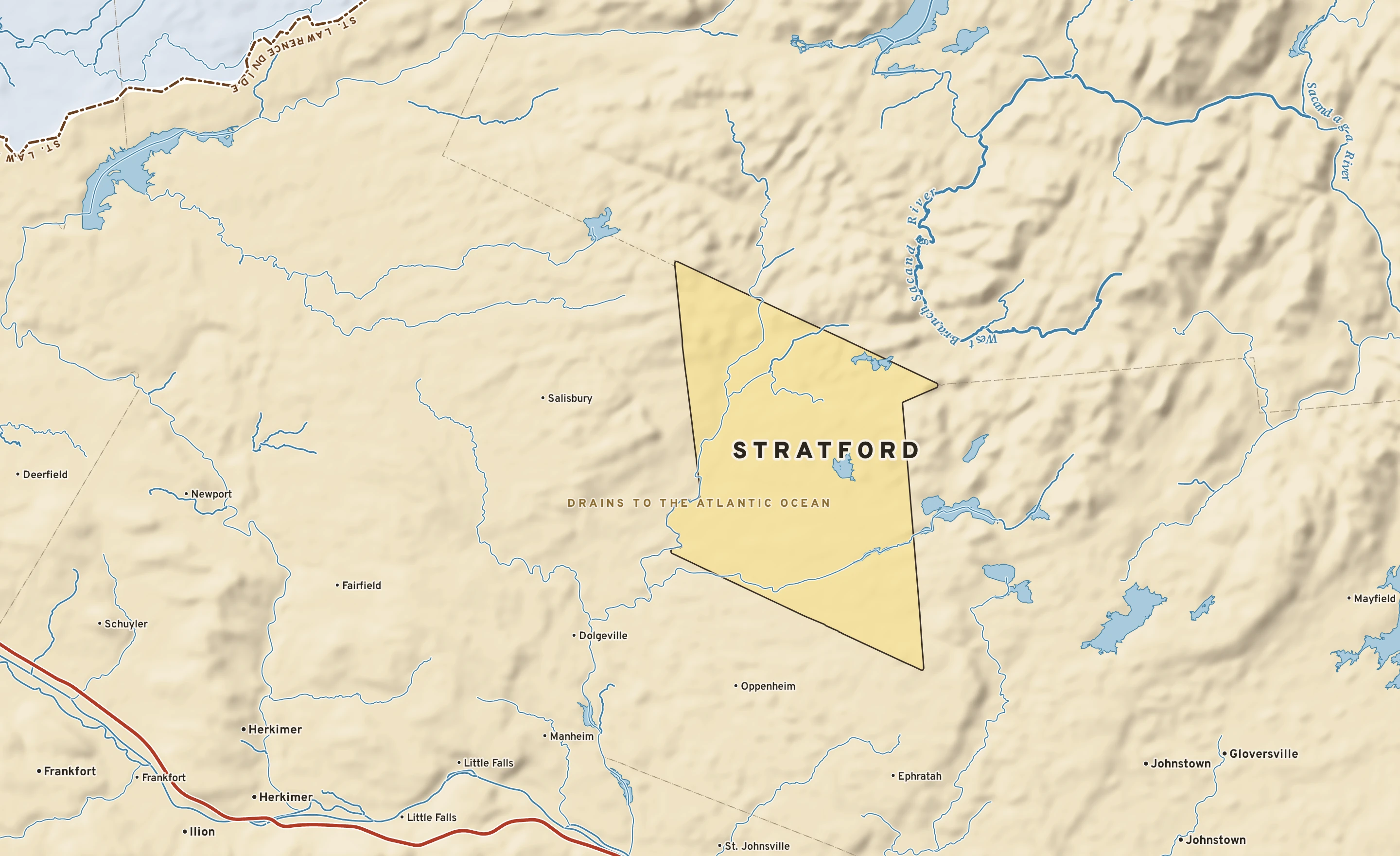 Shaded-relief atlas plate of Stratford, New York: rivers, roads, the city limits and where the water drains.