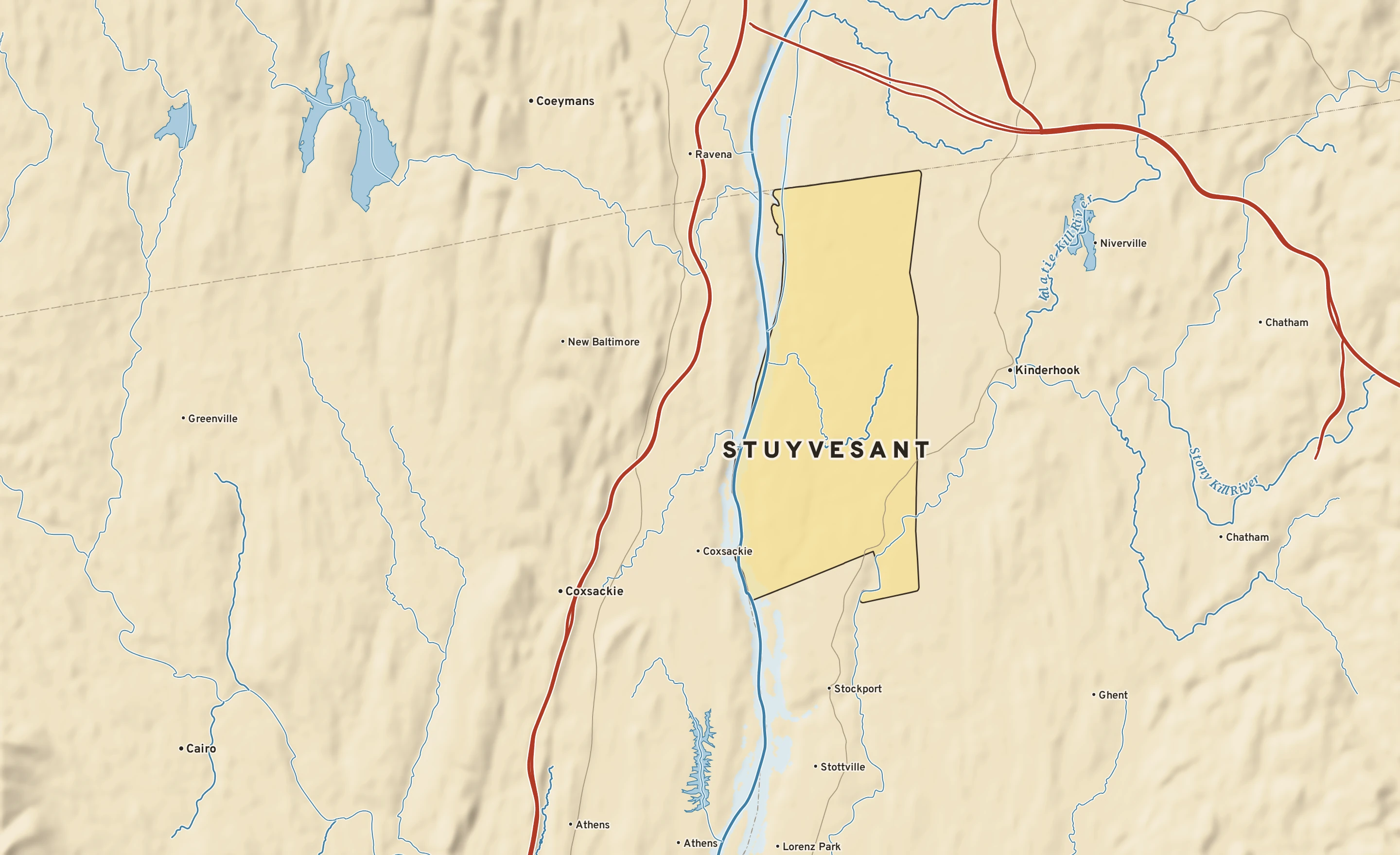 Shaded-relief atlas plate of Stuyvesant, New York: rivers, roads, the city limits and where the water drains.