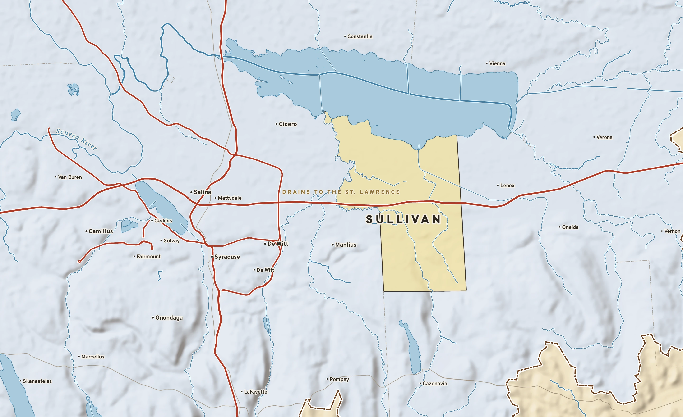 Shaded-relief atlas plate of Sullivan, New York: rivers, roads, the city limits and where the water drains.