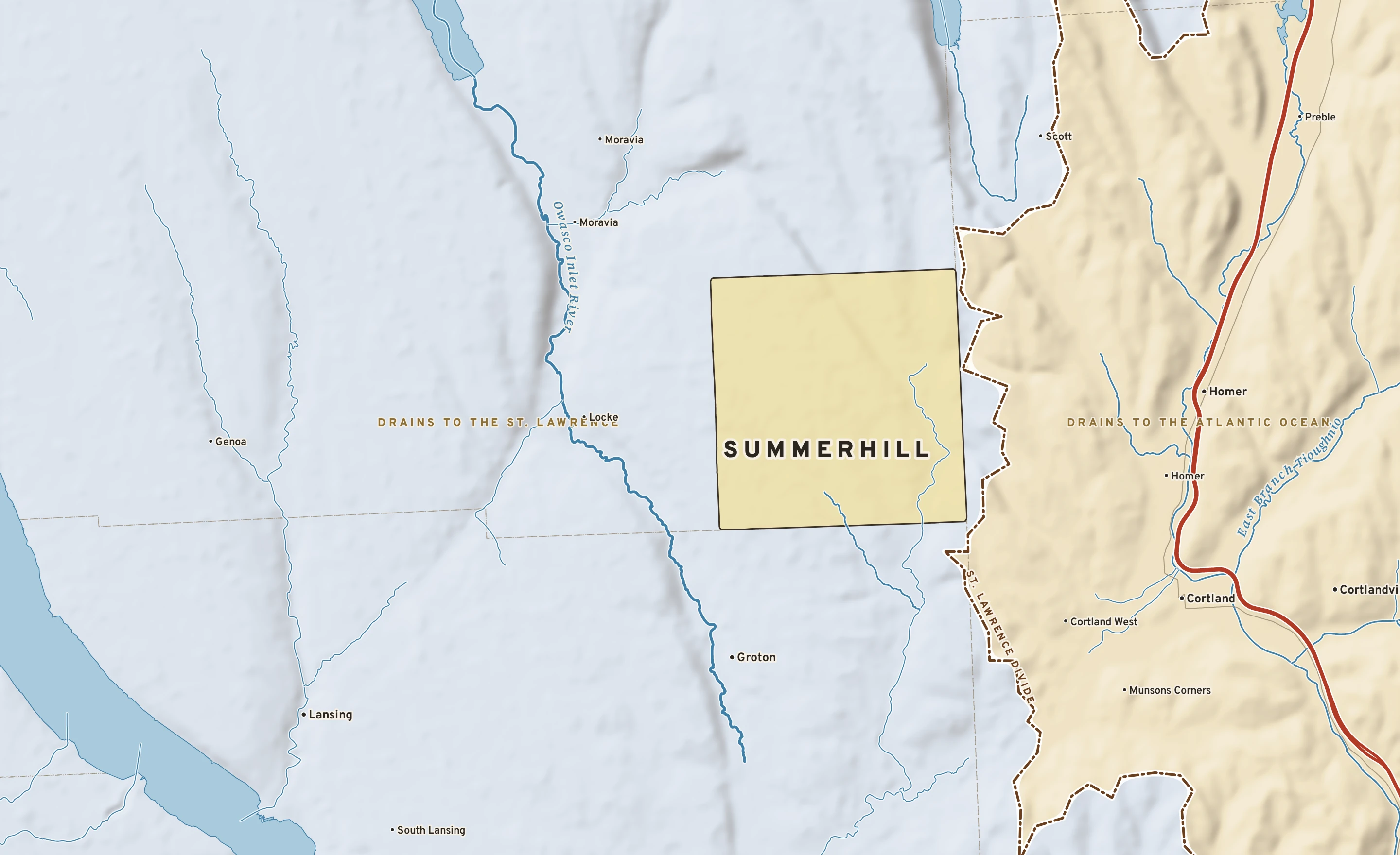 Shaded-relief atlas plate of Summerhill, New York: rivers, roads, the city limits and where the water drains.