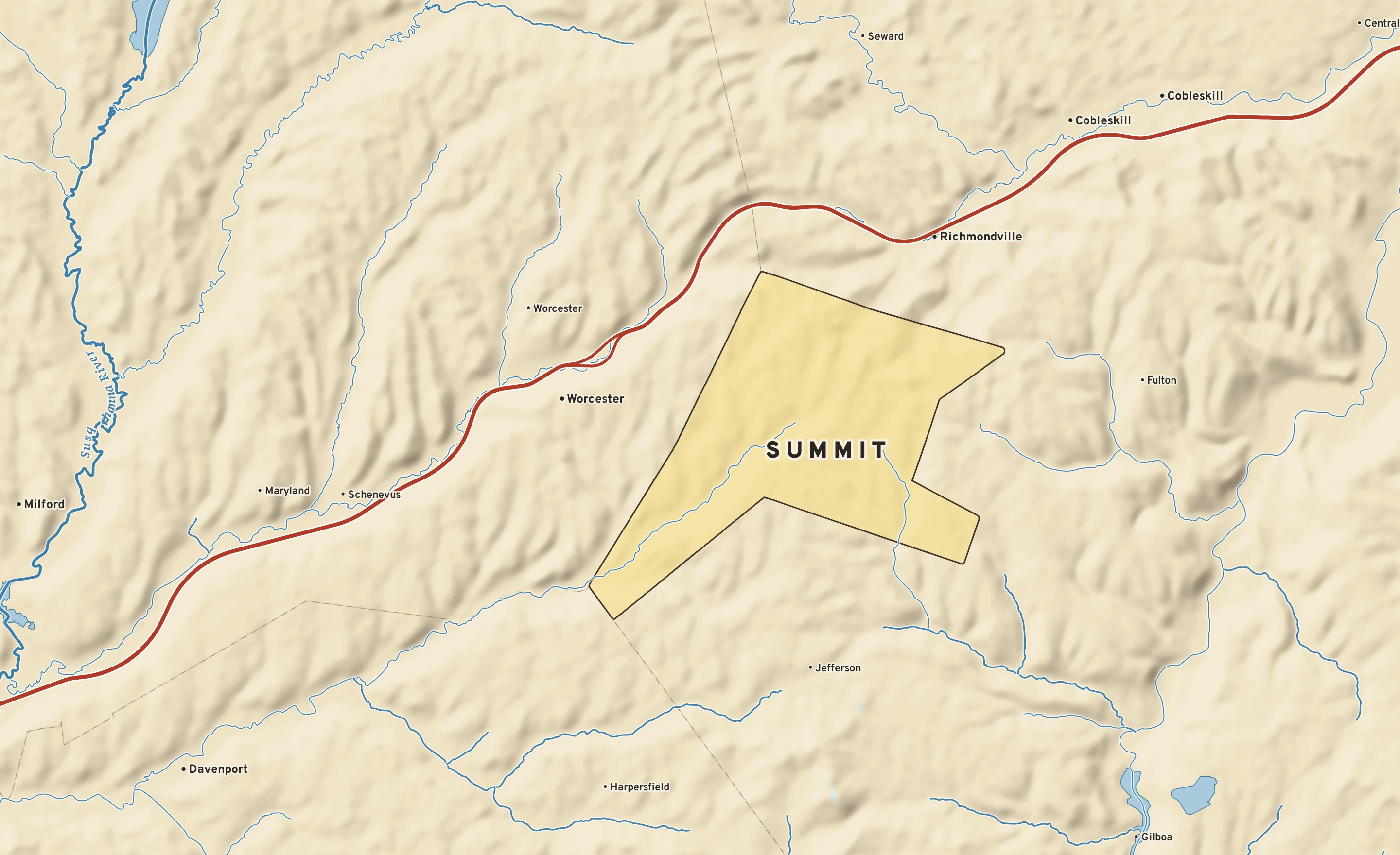 Shaded-relief atlas plate of Summit, New York: rivers, roads, the city limits and where the water drains.