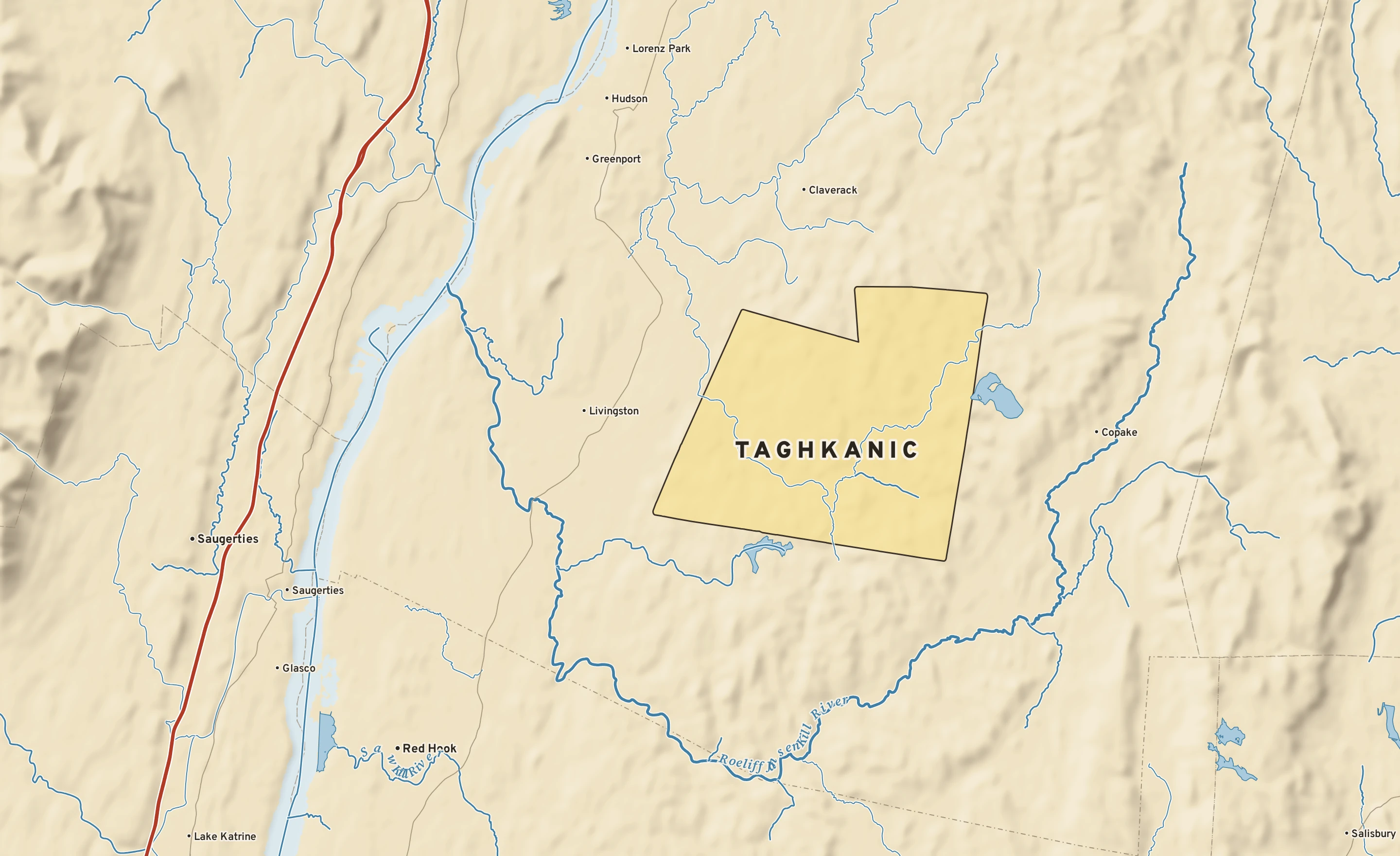 Shaded-relief atlas plate of Taghkanic, New York: rivers, roads, the city limits and where the water drains.