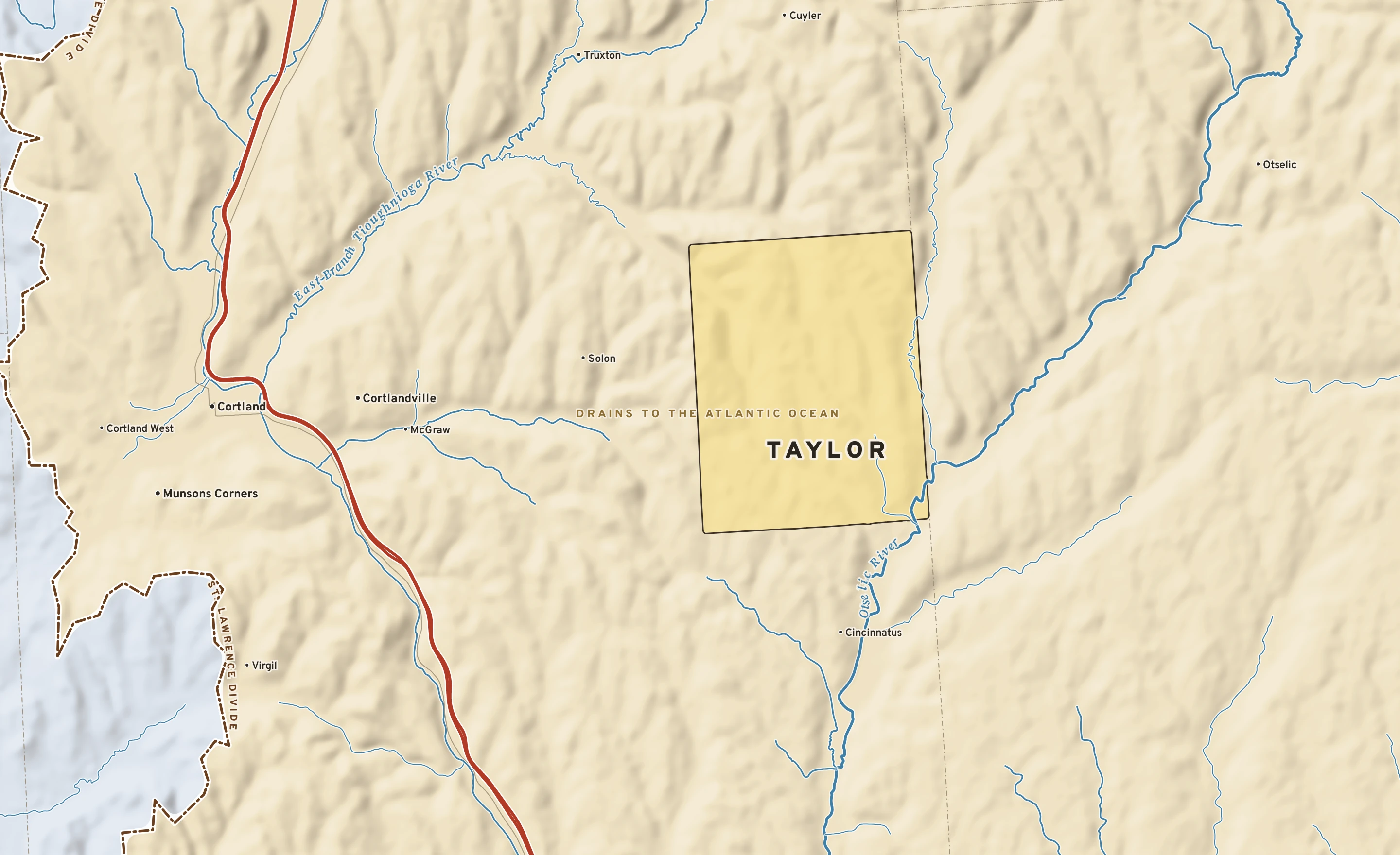 Shaded-relief atlas plate of Taylor, New York: rivers, roads, the city limits and where the water drains.