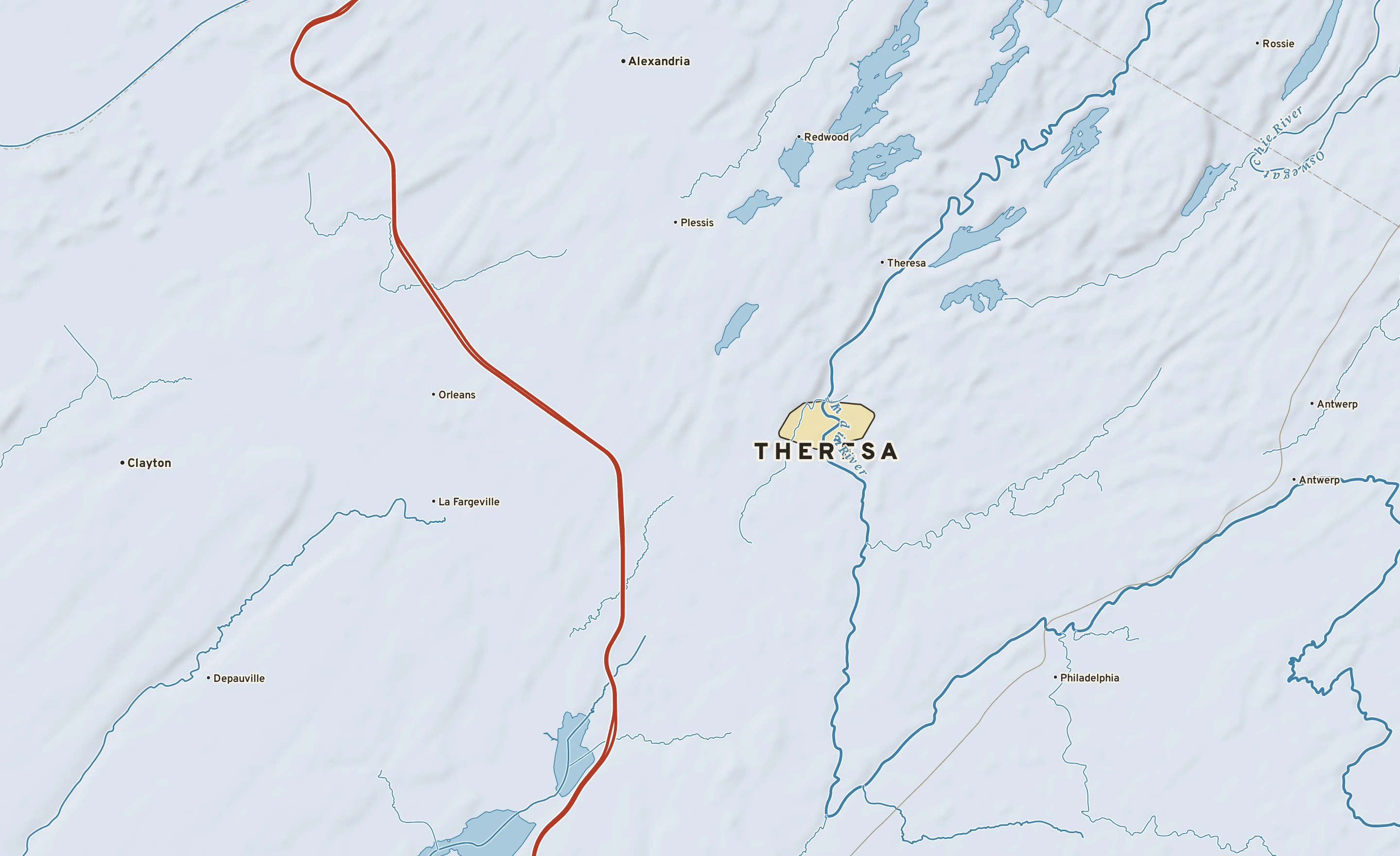 Shaded-relief atlas plate of Theresa, New York: rivers, roads, the city limits and where the water drains.
