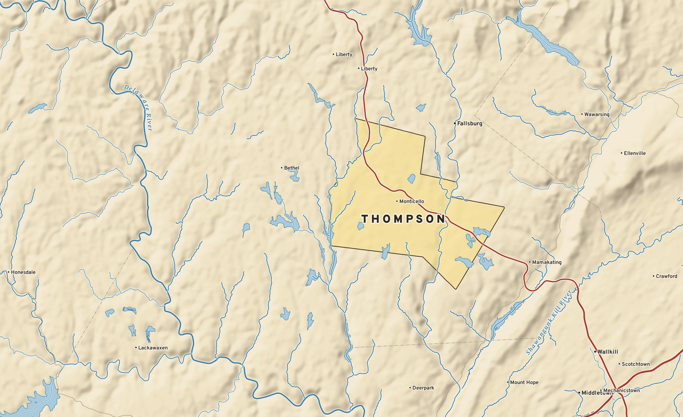 Shaded-relief atlas plate of Thompson, New York: rivers, roads, the city limits and where the water drains.
