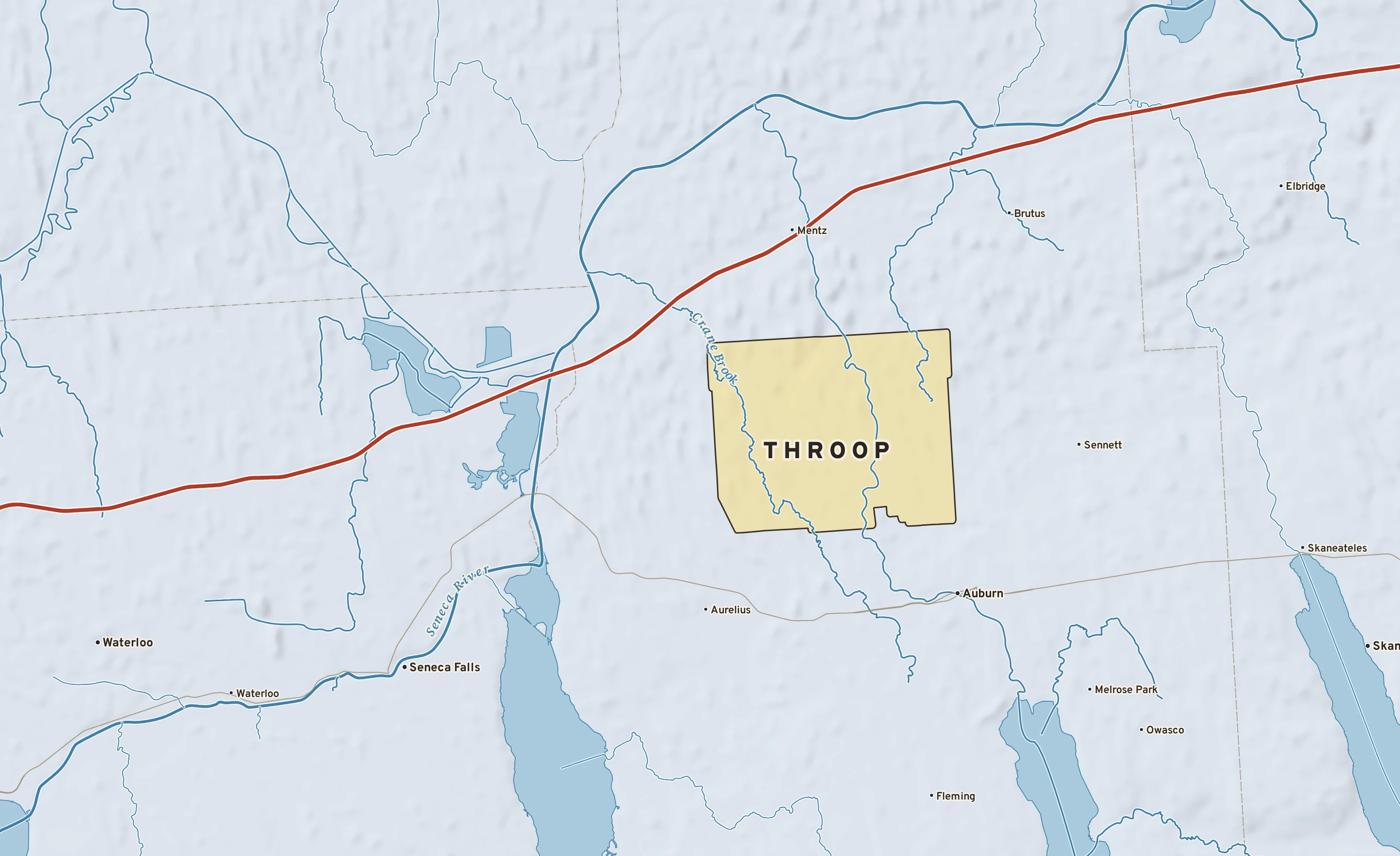 Shaded-relief atlas plate of Throop, New York: rivers, roads, the city limits and where the water drains.