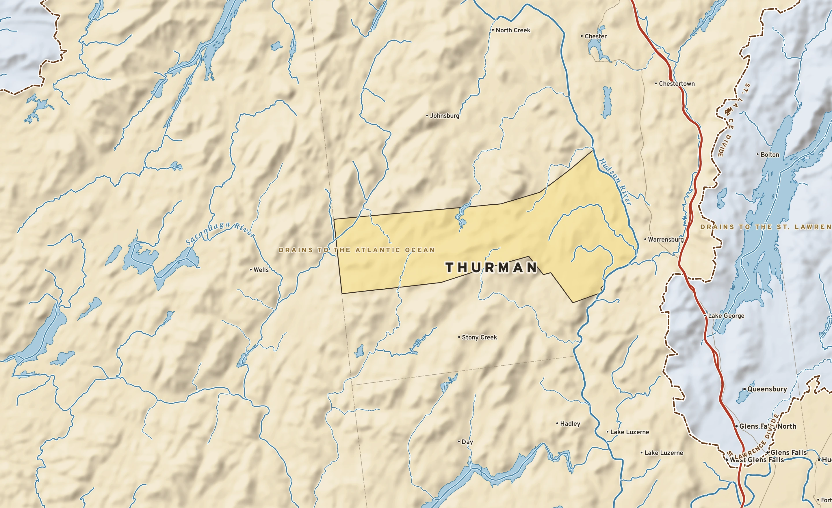Shaded-relief atlas plate of Thurman, New York: rivers, roads, the city limits and where the water drains.
