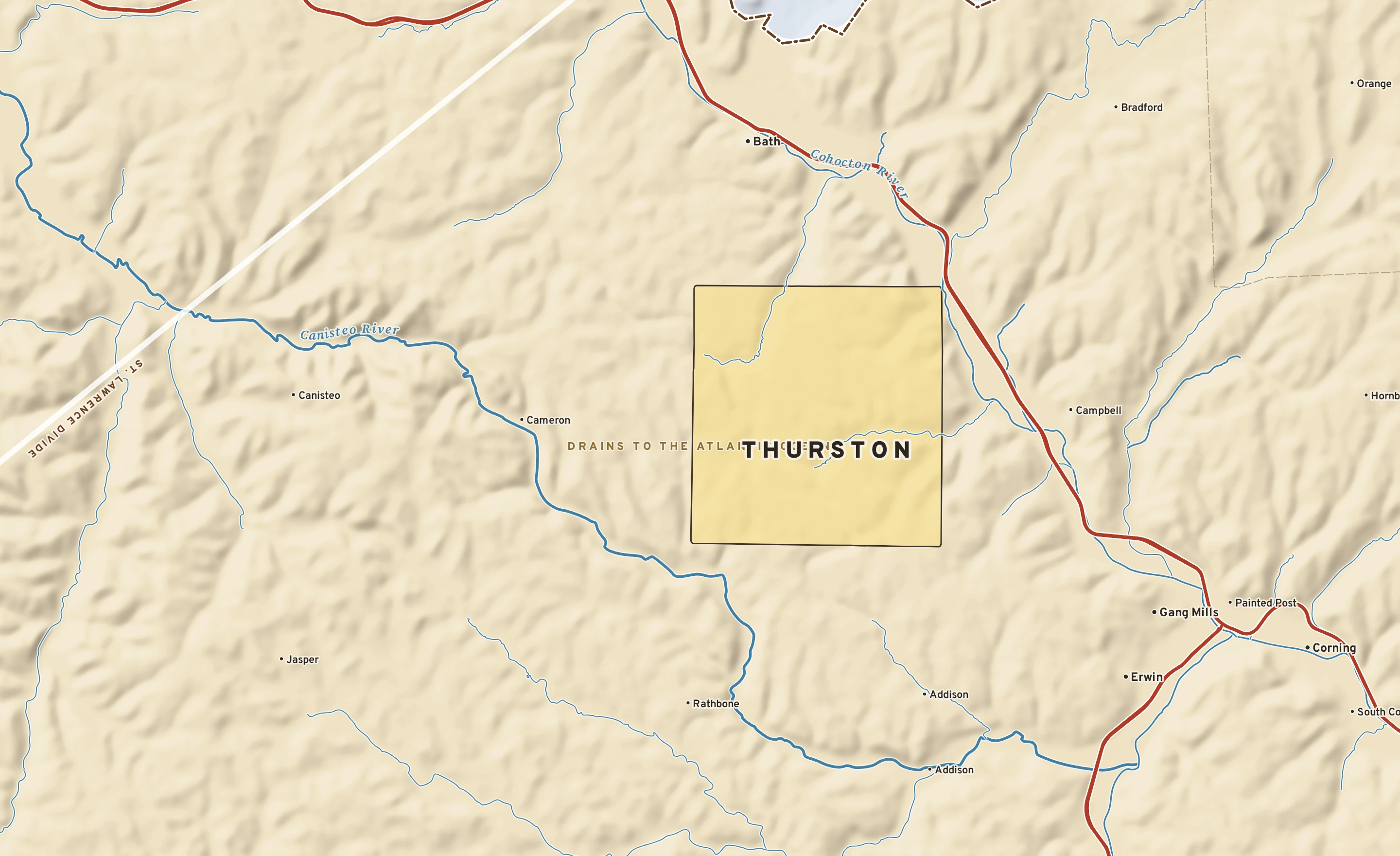 Shaded-relief atlas plate of Thurston, New York: rivers, roads, the city limits and where the water drains.