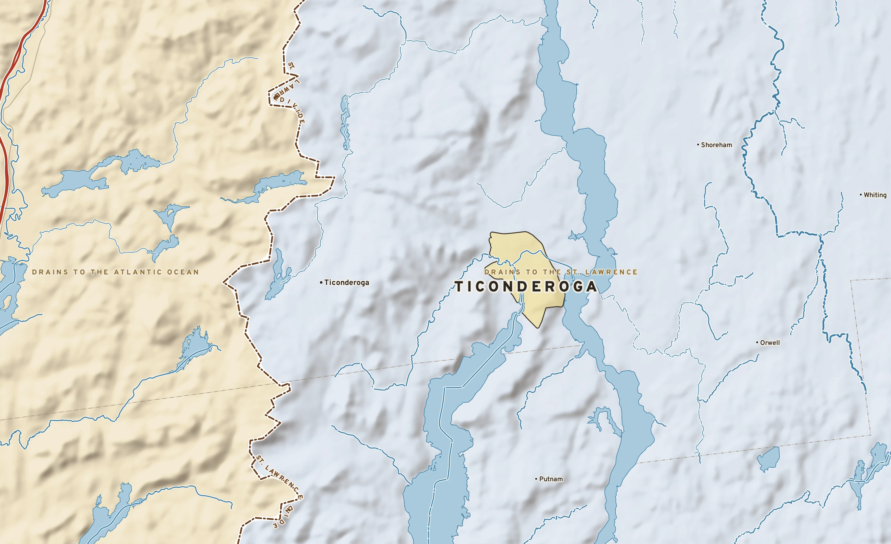 Shaded-relief atlas plate of Ticonderoga, New York: rivers, roads, the city limits and where the water drains.