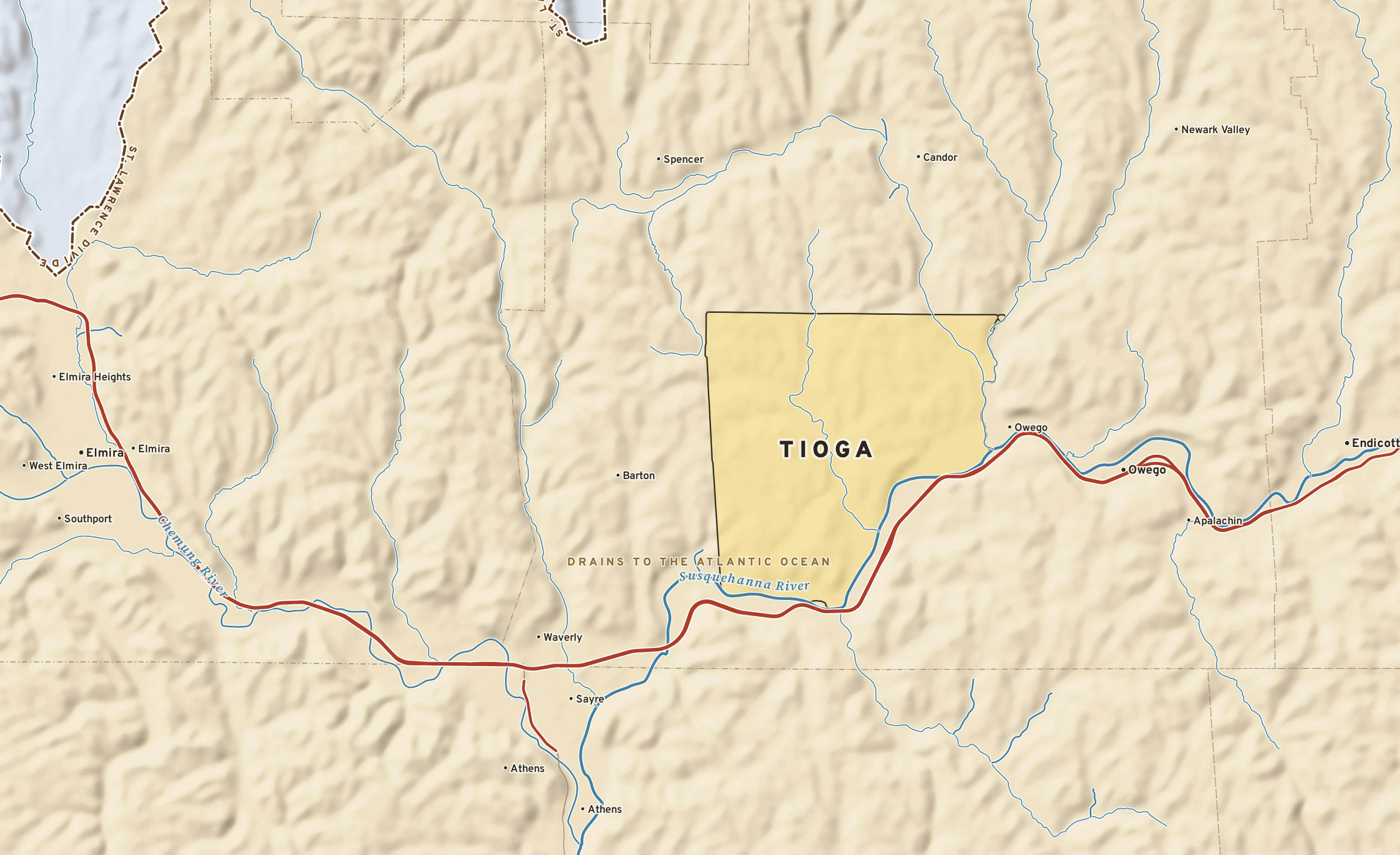 Shaded-relief atlas plate of Tioga, New York: rivers, roads, the city limits and where the water drains.