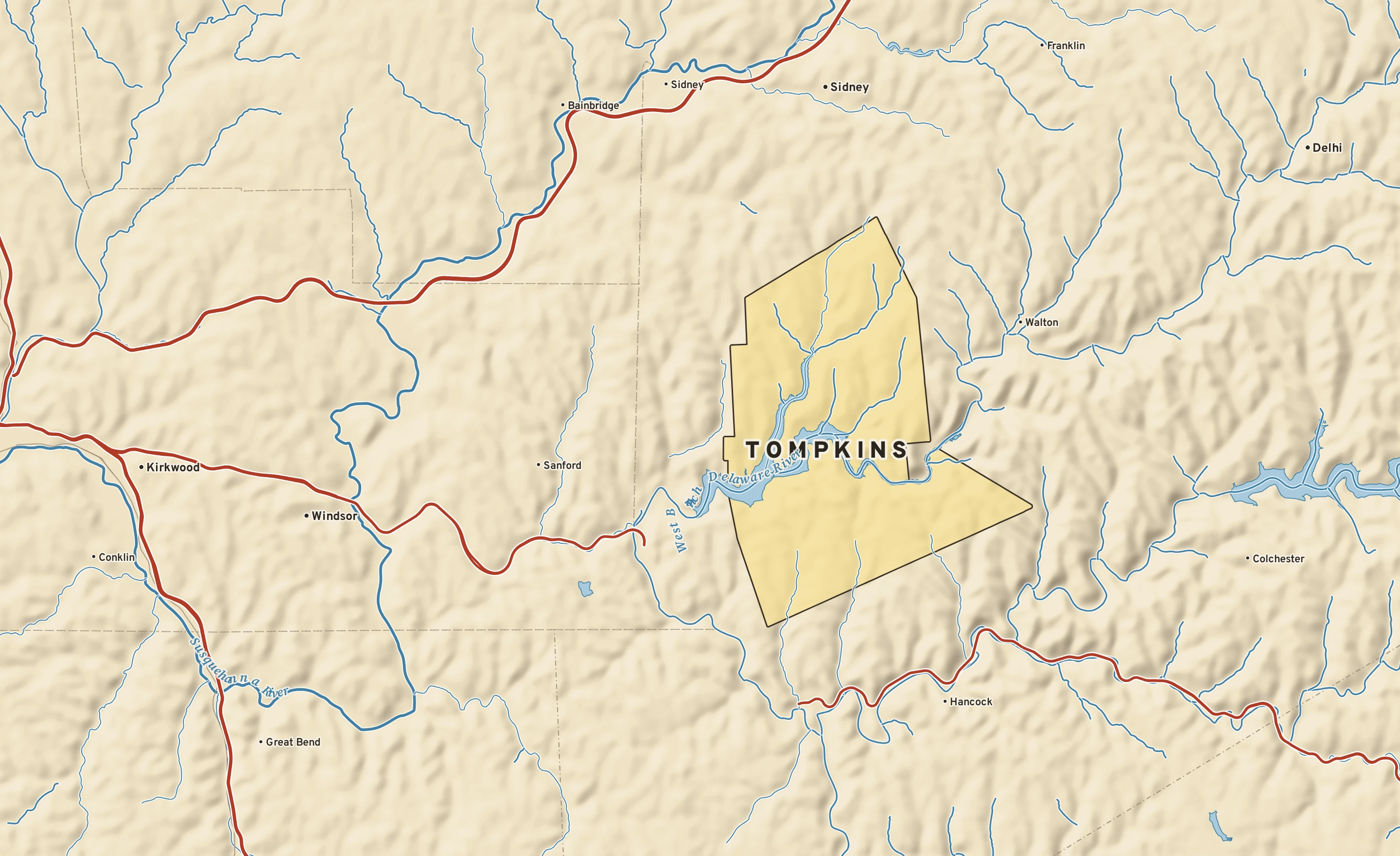 Shaded-relief atlas plate of Tompkins, New York: rivers, roads, the city limits and where the water drains.