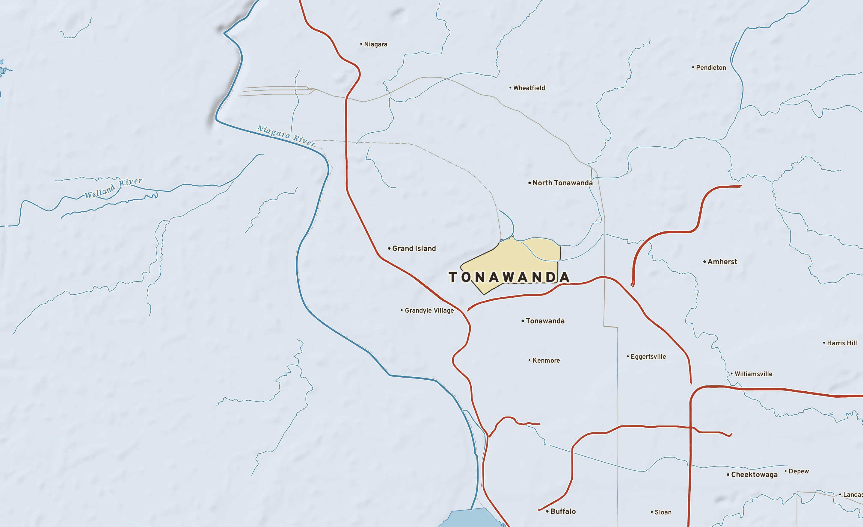 Shaded-relief atlas plate of Tonawanda, New York: rivers, roads, the city limits and where the water drains.