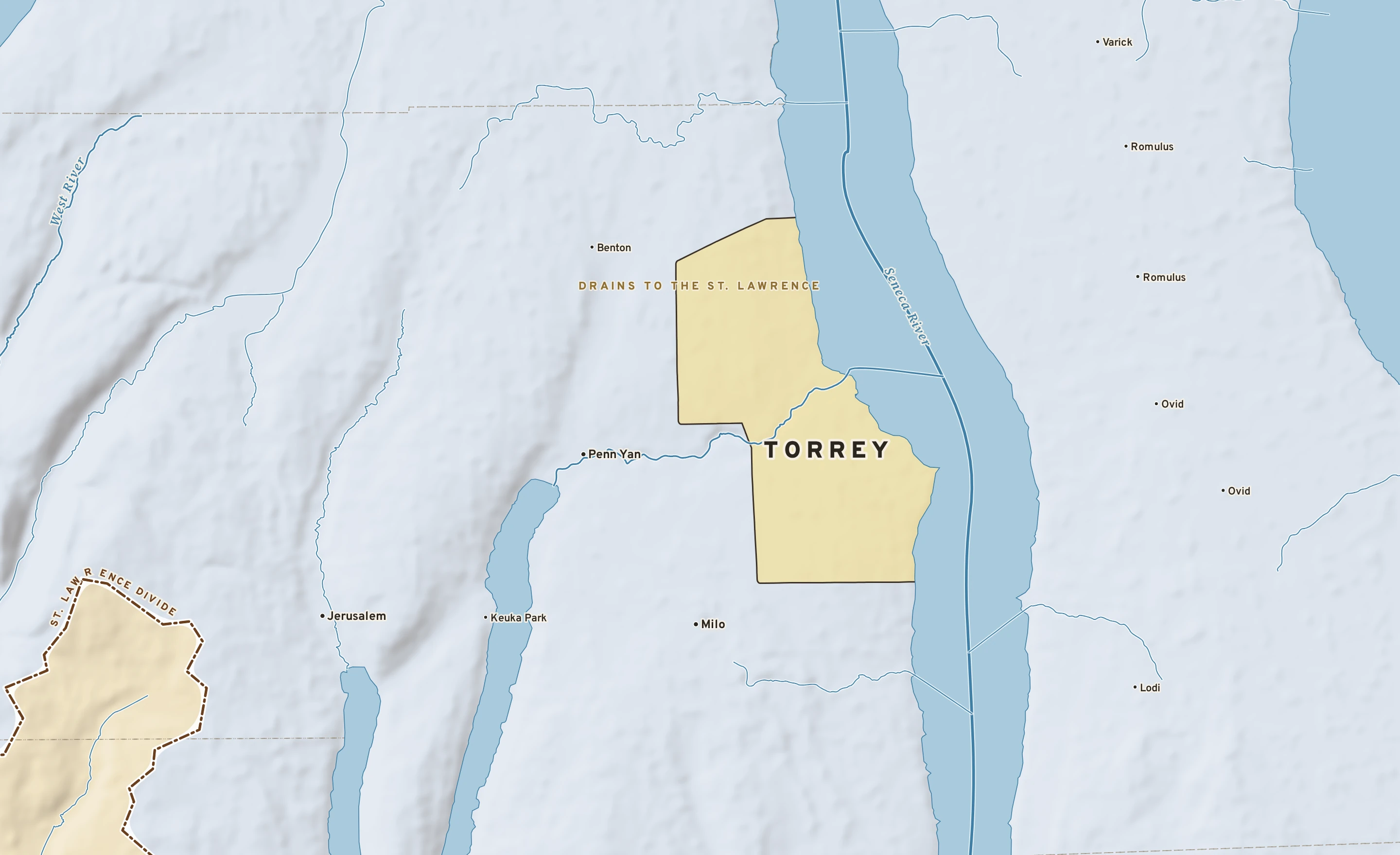 Shaded-relief atlas plate of Torrey, New York: rivers, roads, the city limits and where the water drains.