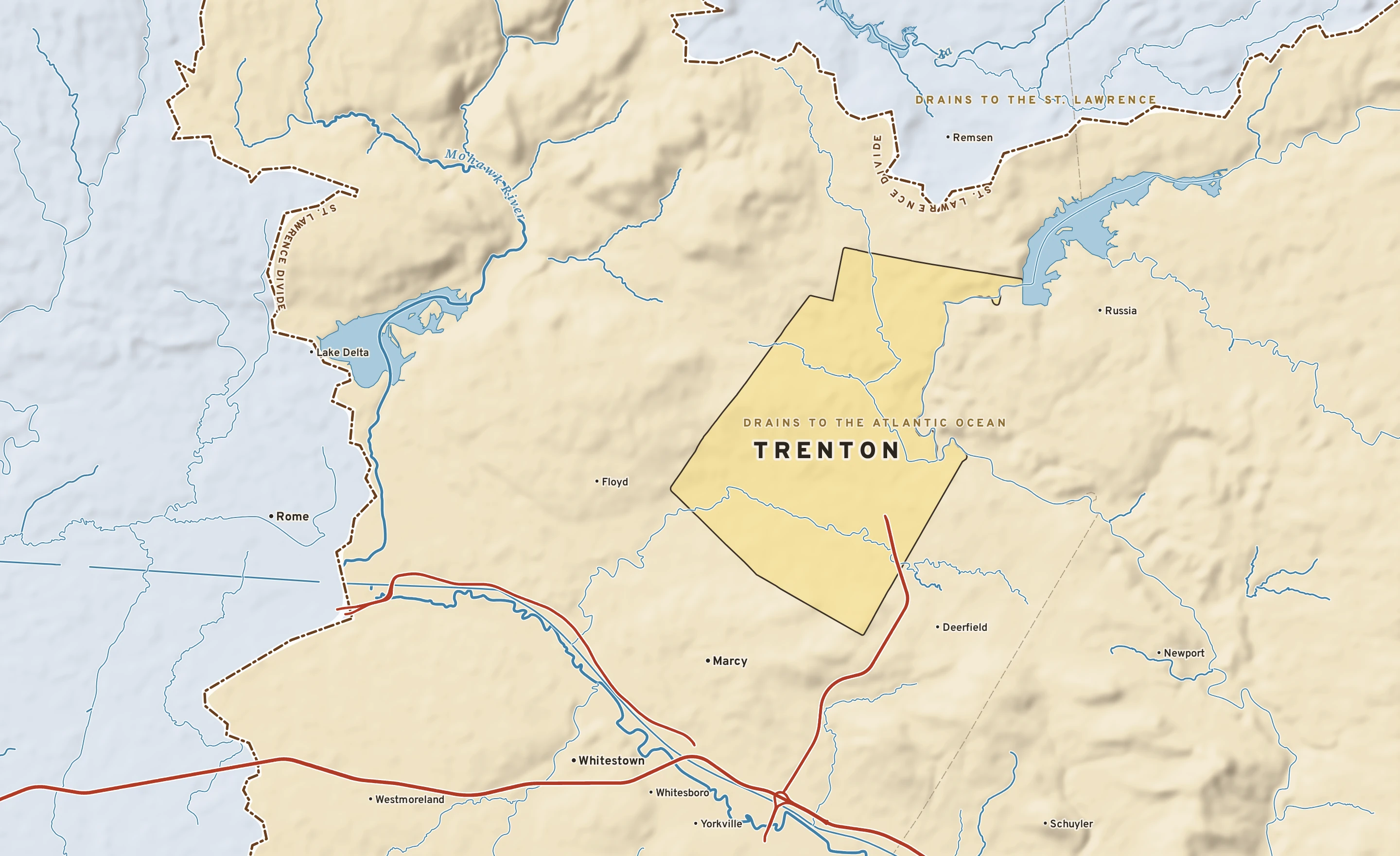 Shaded-relief atlas plate of Trenton, New York: rivers, roads, the city limits and where the water drains.
