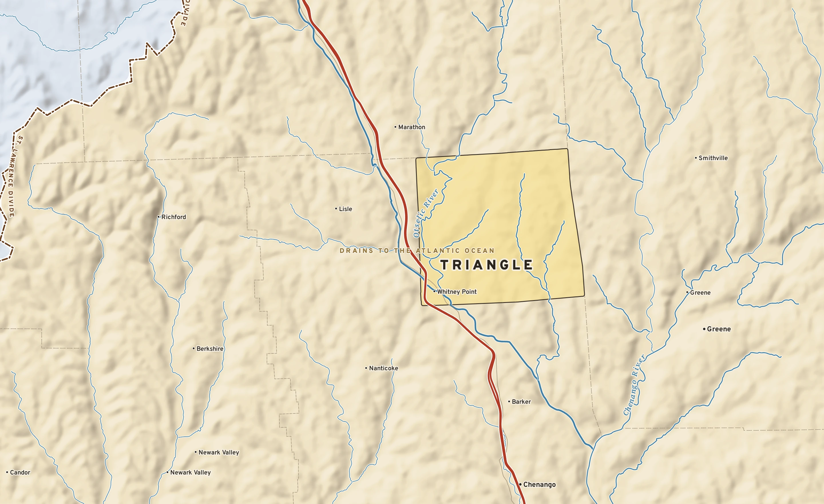 Shaded-relief atlas plate of Triangle, New York: rivers, roads, the city limits and where the water drains.