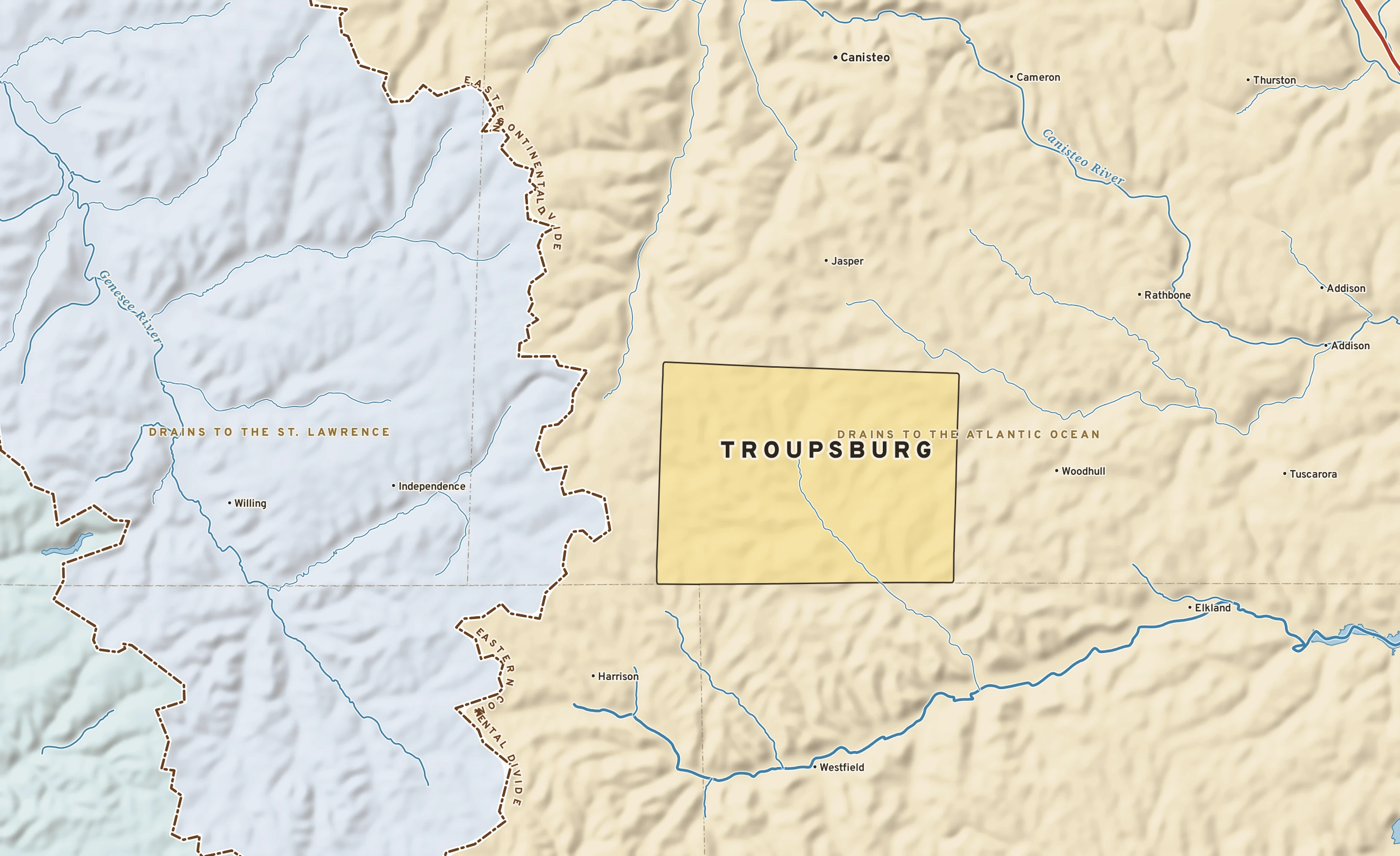 Shaded-relief atlas plate of Troupsburg, New York: rivers, roads, the city limits and where the water drains.
