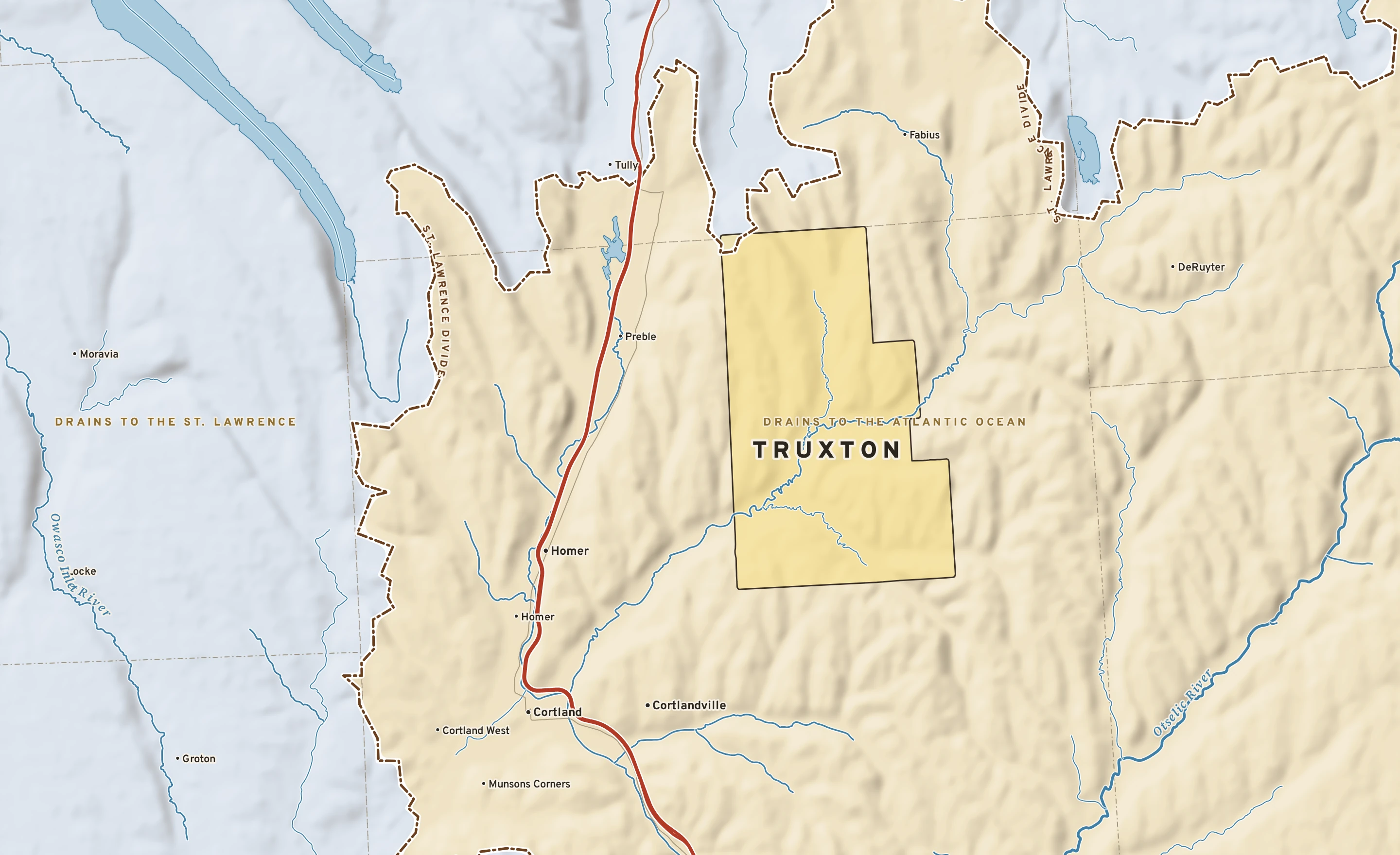 Shaded-relief atlas plate of Truxton, New York: rivers, roads, the city limits and where the water drains.