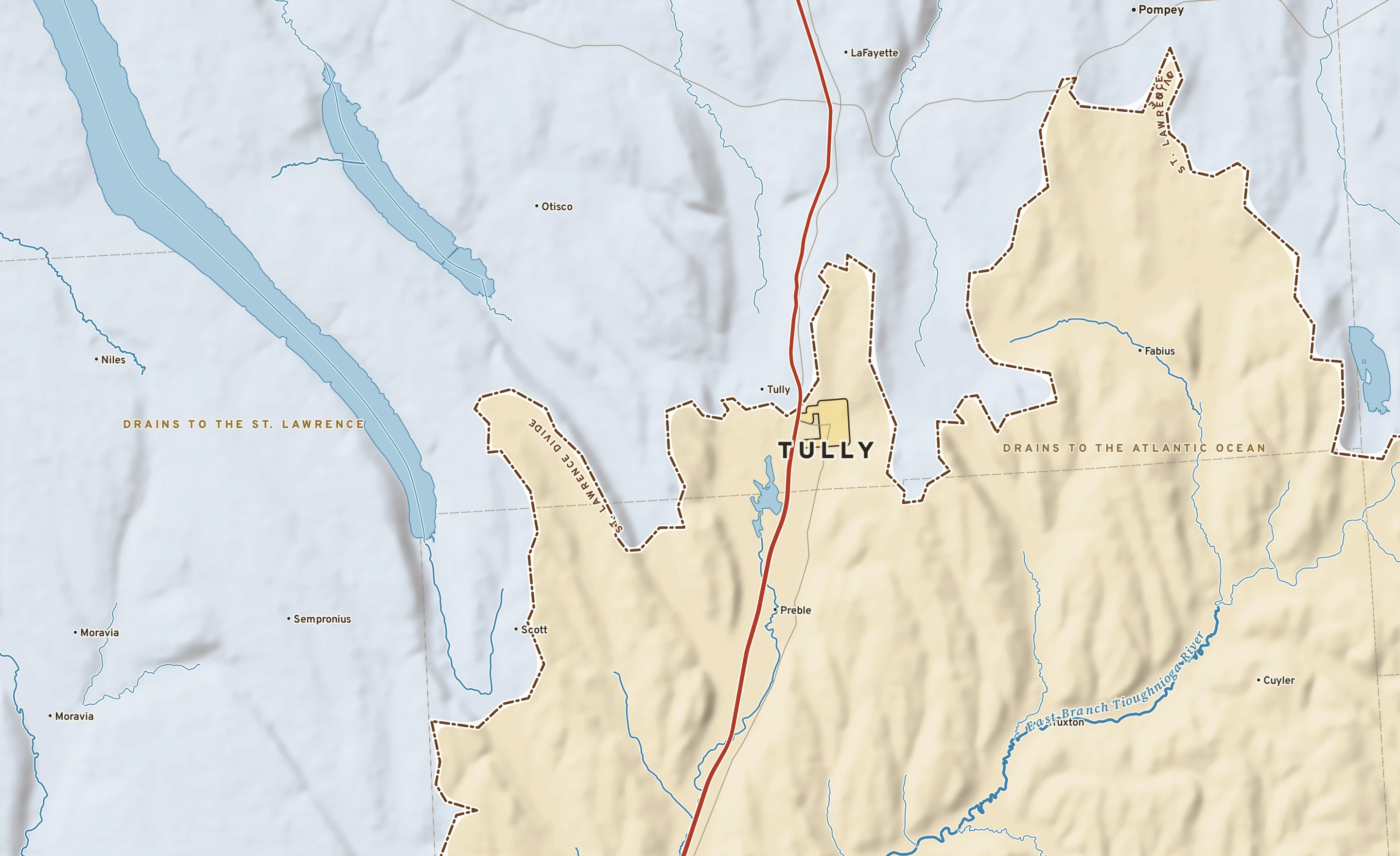 Shaded-relief atlas plate of Tully, New York: rivers, roads, the city limits and where the water drains.