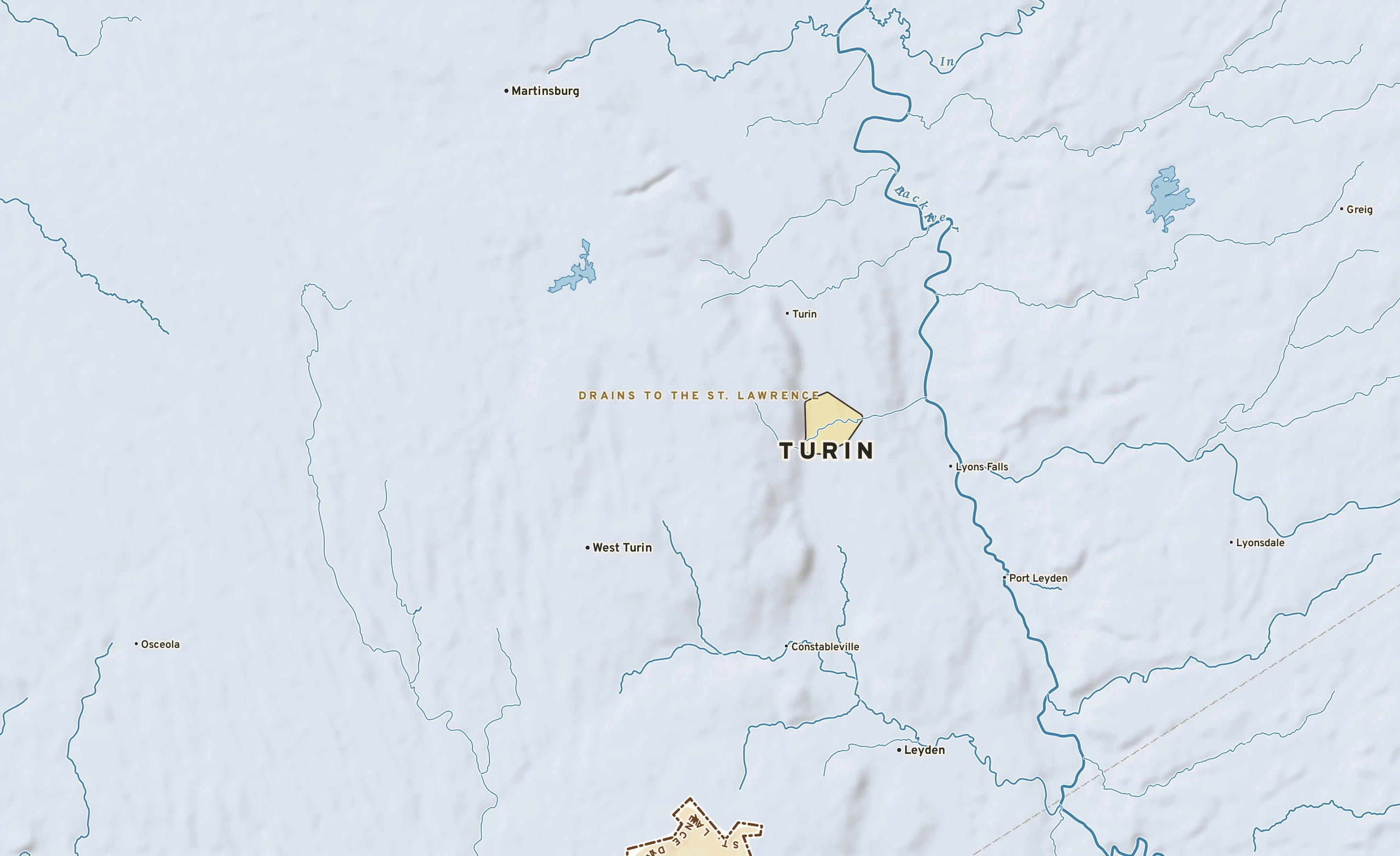 Shaded-relief atlas plate of Turin, New York: rivers, roads, the city limits and where the water drains.