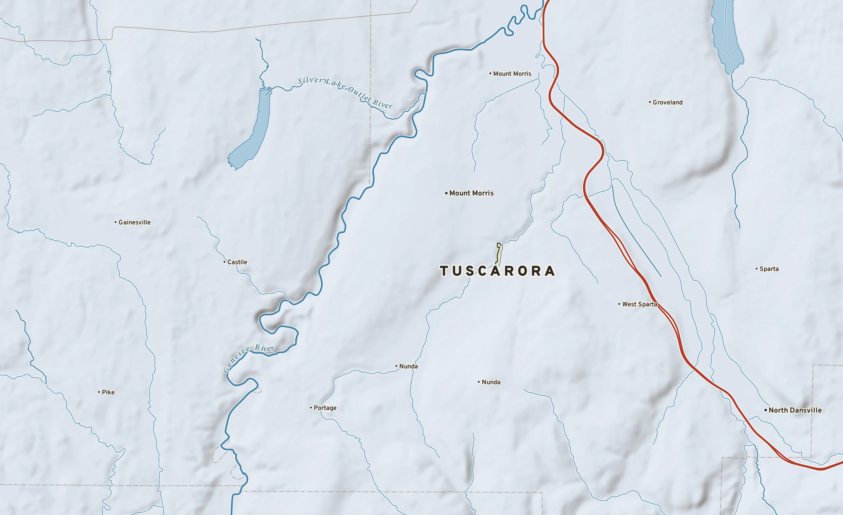 Shaded-relief atlas plate of Tuscarora, New York: rivers, roads, the city limits and where the water drains.