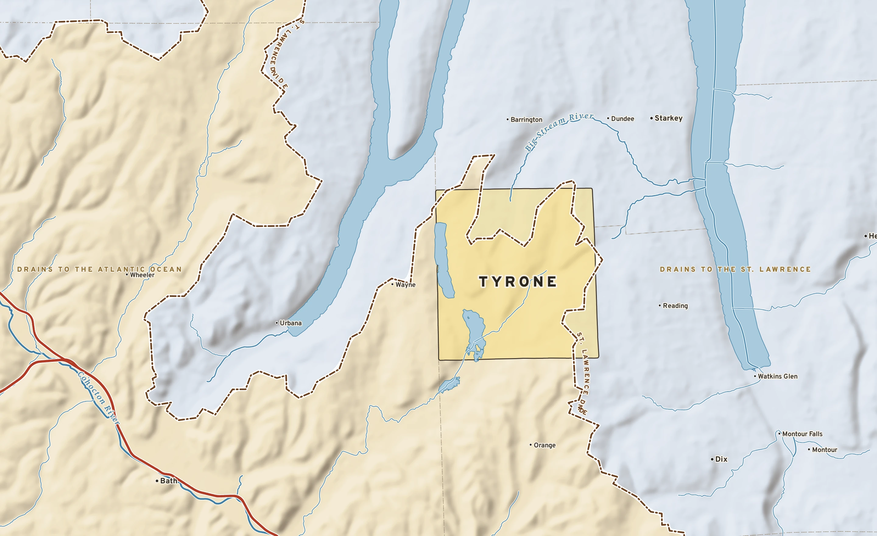 Shaded-relief atlas plate of Tyrone, New York: rivers, roads, the city limits and where the water drains.