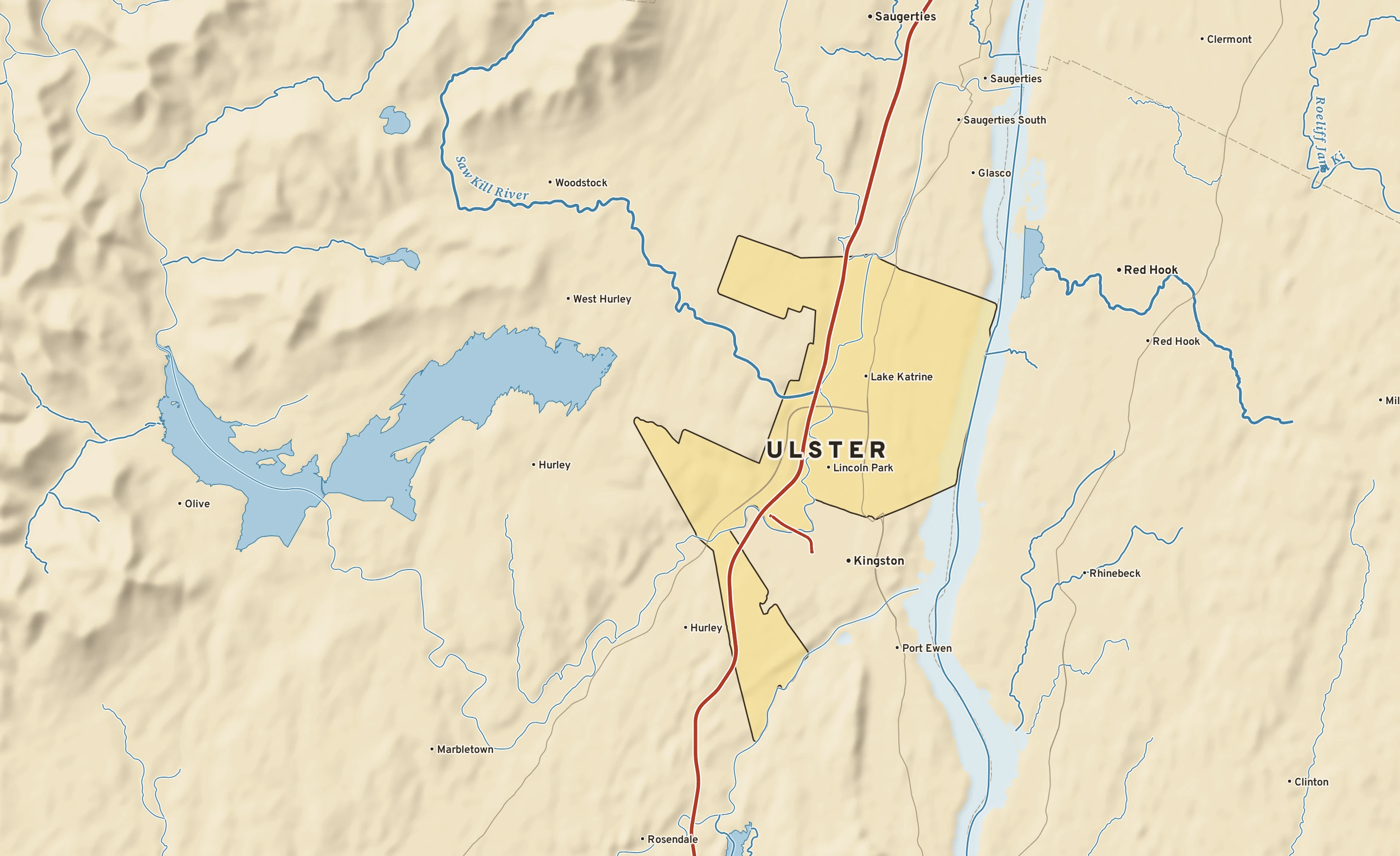 Shaded-relief atlas plate of Ulster, New York: rivers, roads, the city limits and where the water drains.