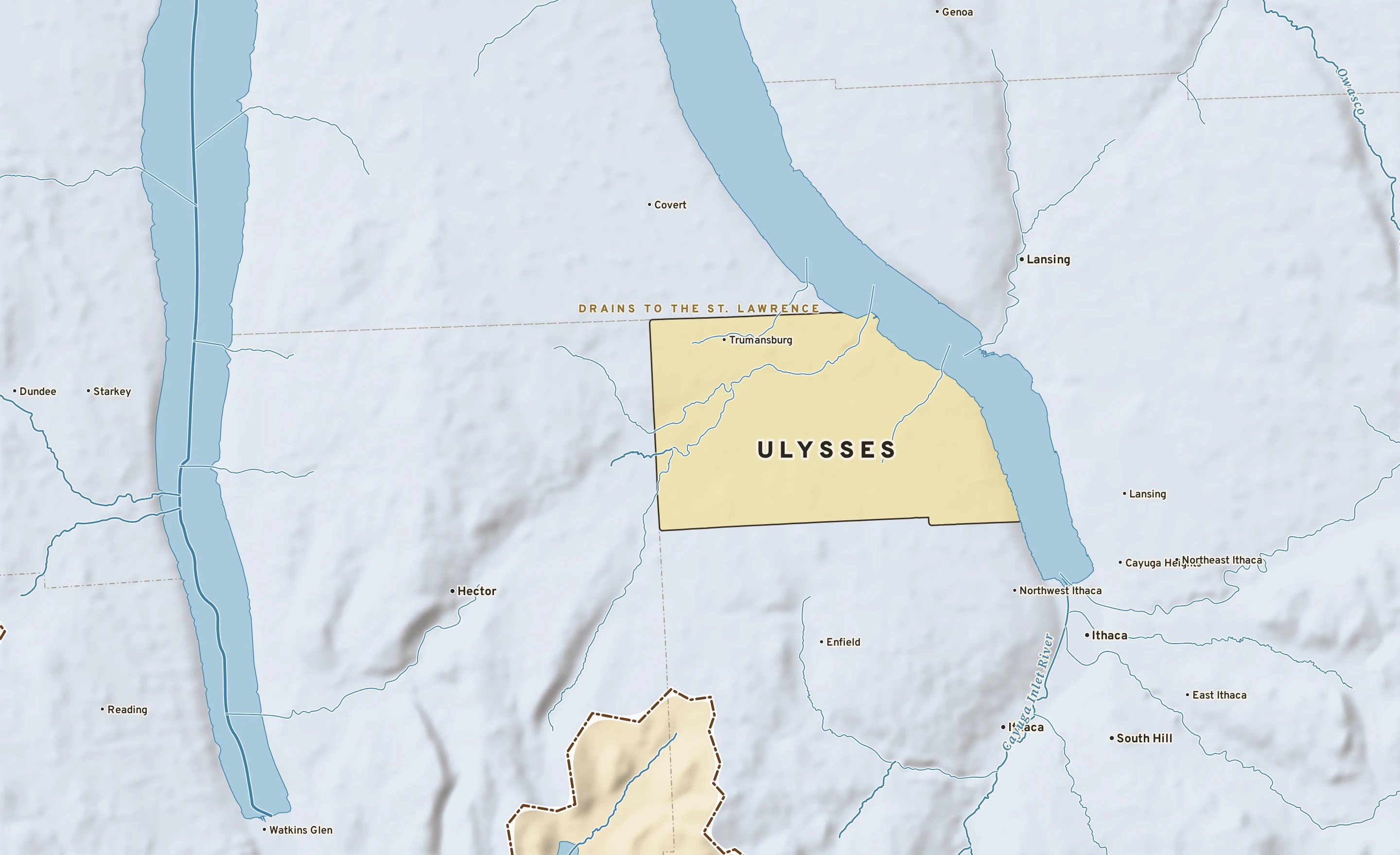 Shaded-relief atlas plate of Ulysses, New York: rivers, roads, the city limits and where the water drains.