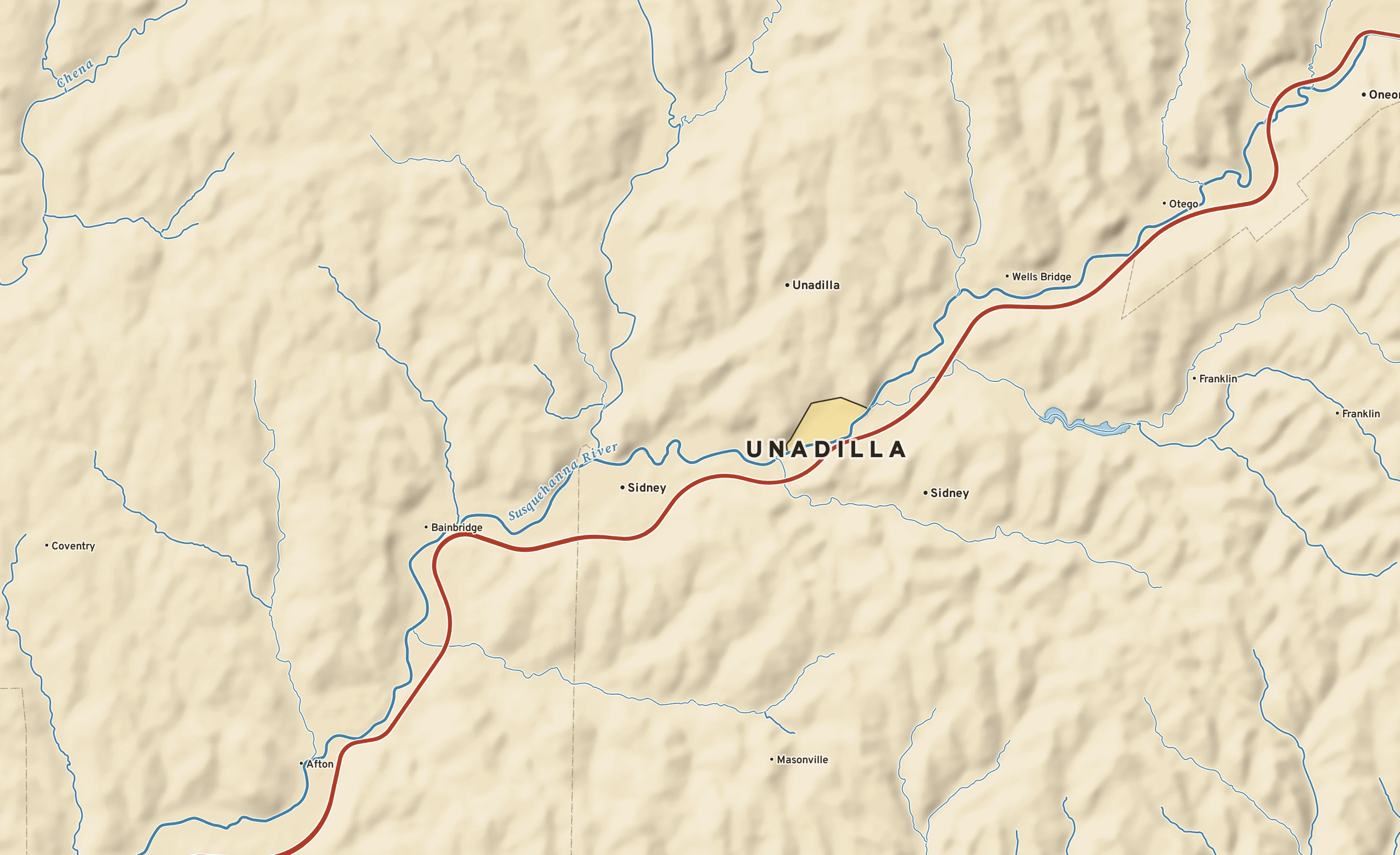 Shaded-relief atlas plate of Unadilla, New York: rivers, roads, the city limits and where the water drains.