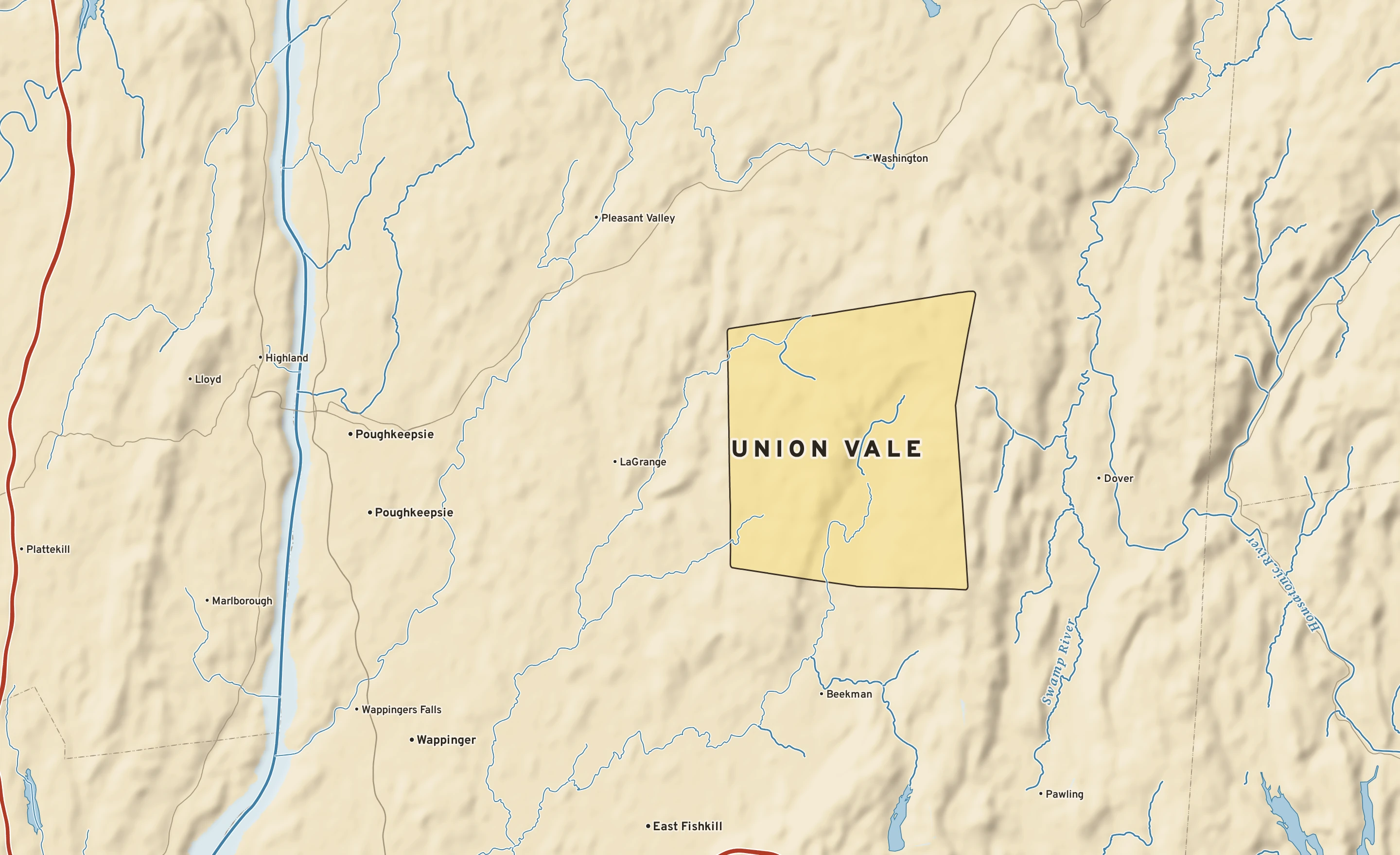 Shaded-relief atlas plate of Union Vale, New York: rivers, roads, the city limits and where the water drains.
