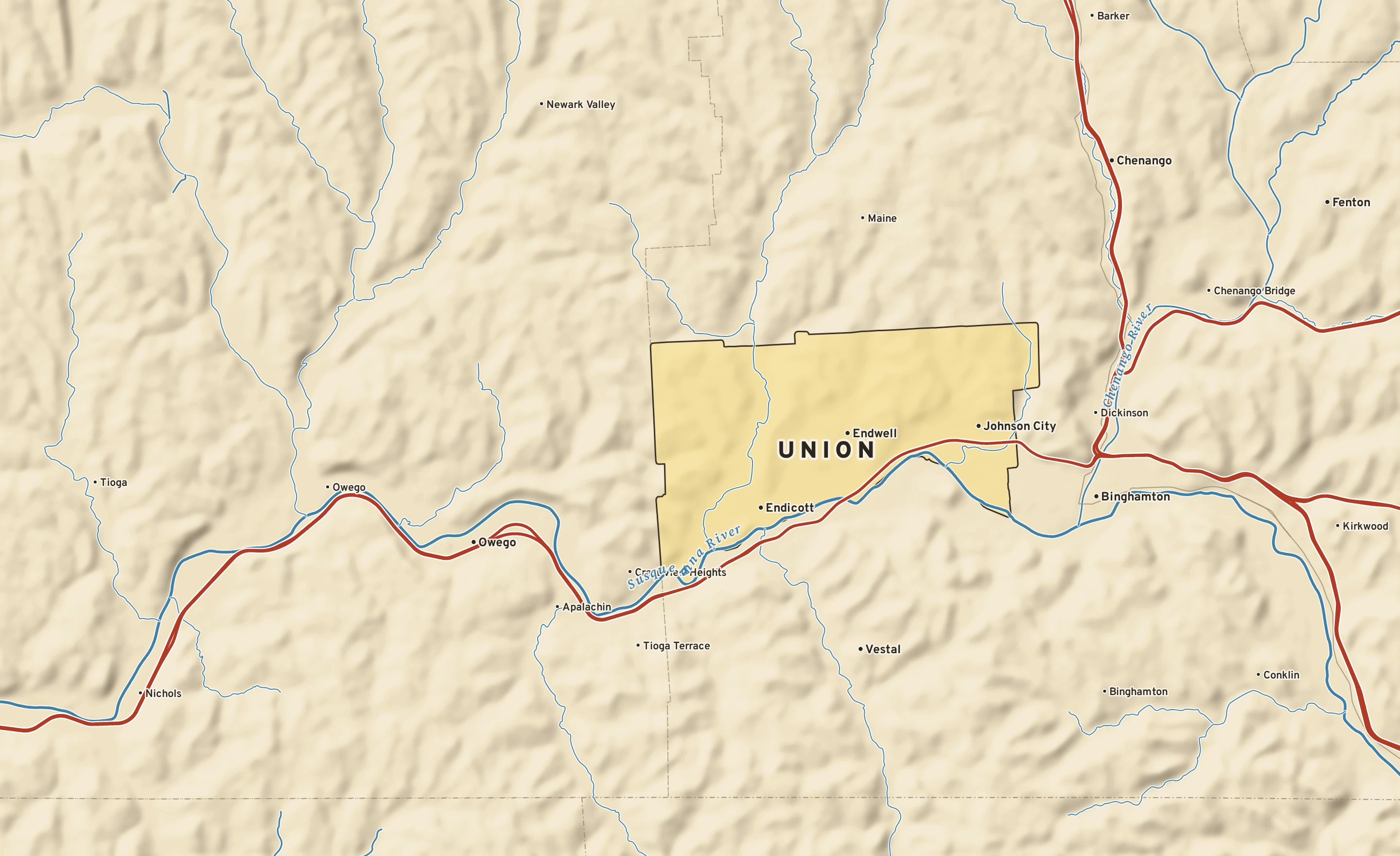 Shaded-relief atlas plate of Union, New York: rivers, roads, the city limits and where the water drains.