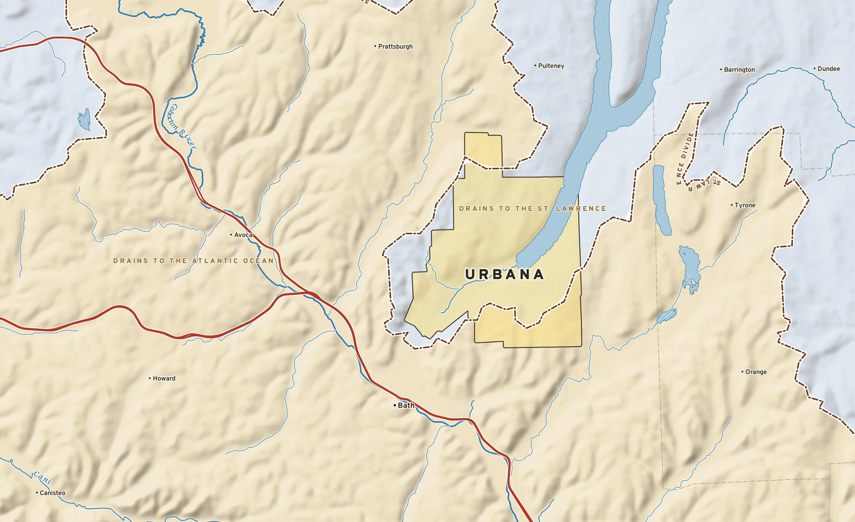 Shaded-relief atlas plate of Urbana, New York: rivers, roads, the city limits and where the water drains.
