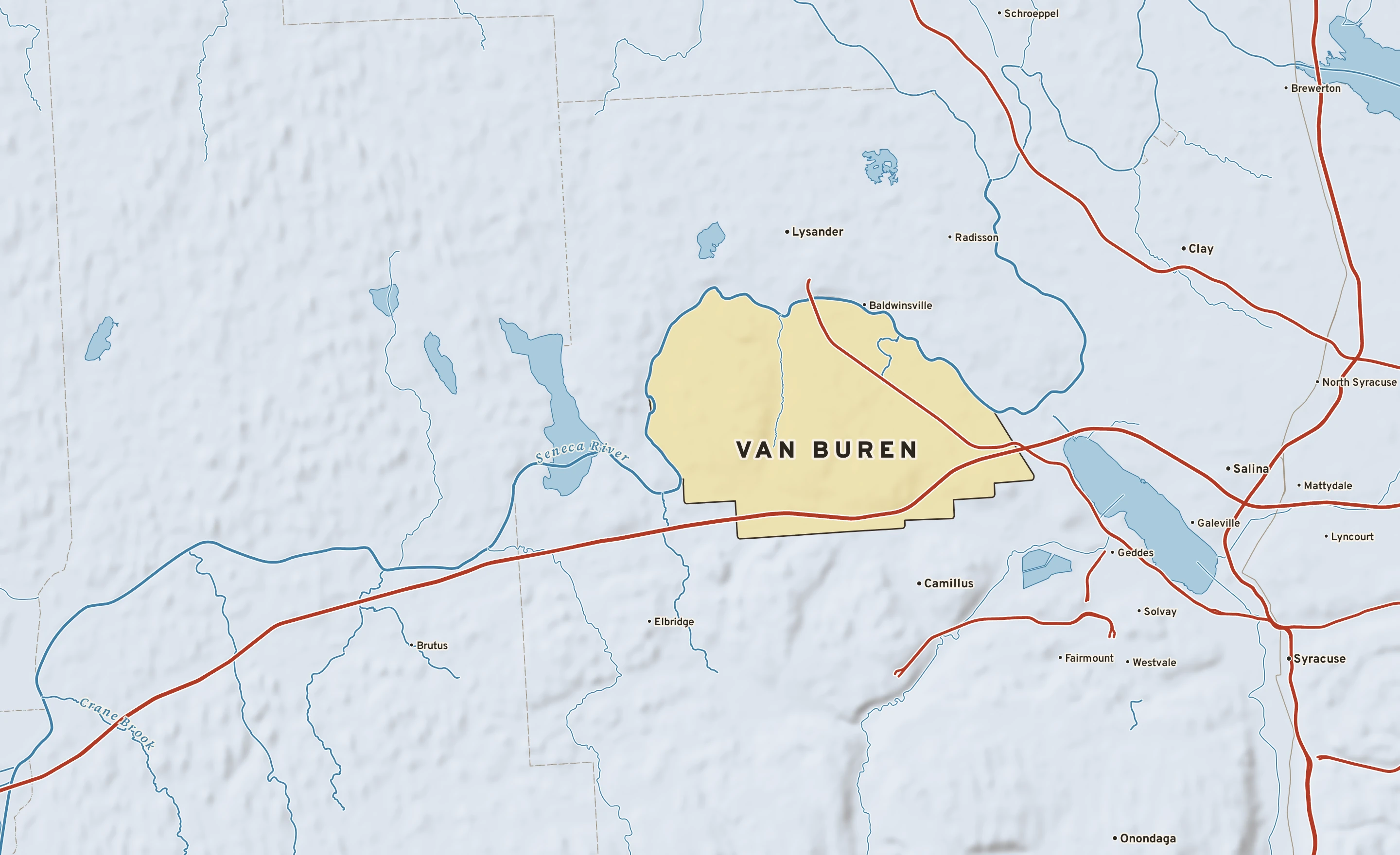 Shaded-relief atlas plate of Van Buren, New York: rivers, roads, the city limits and where the water drains.